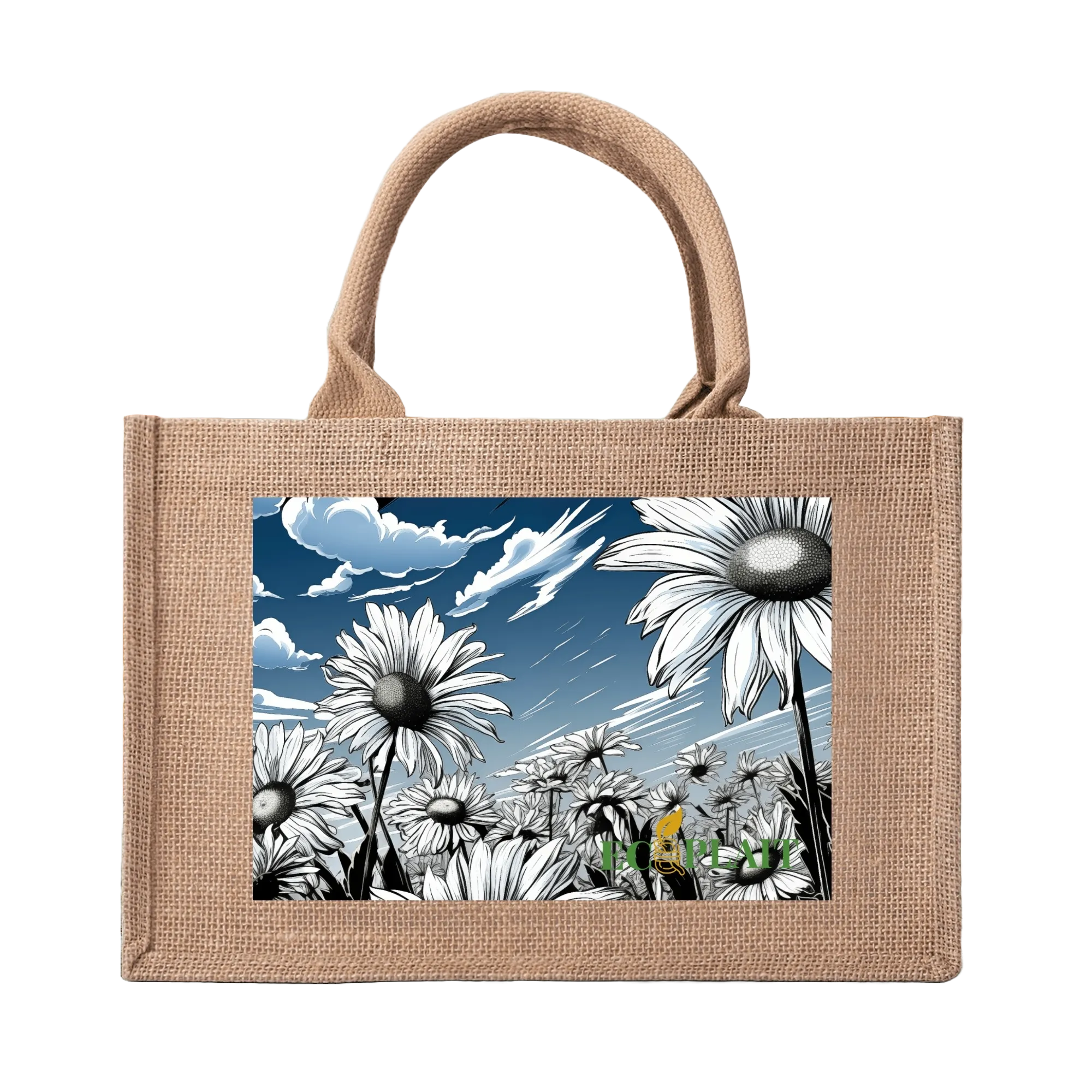 Natural Fiber Jute Tote Bag Daisy Field