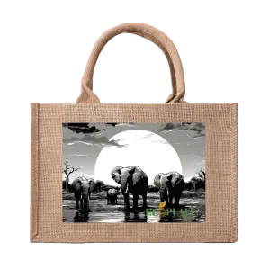 Natural Fiber Jute Tote Bag Elephant Sunset