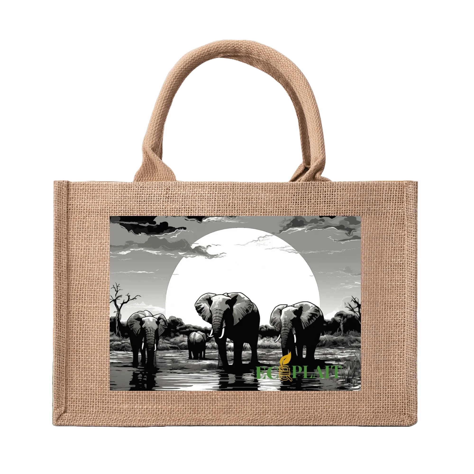 Natural Fiber Jute Tote Bag Elephant Sunset
