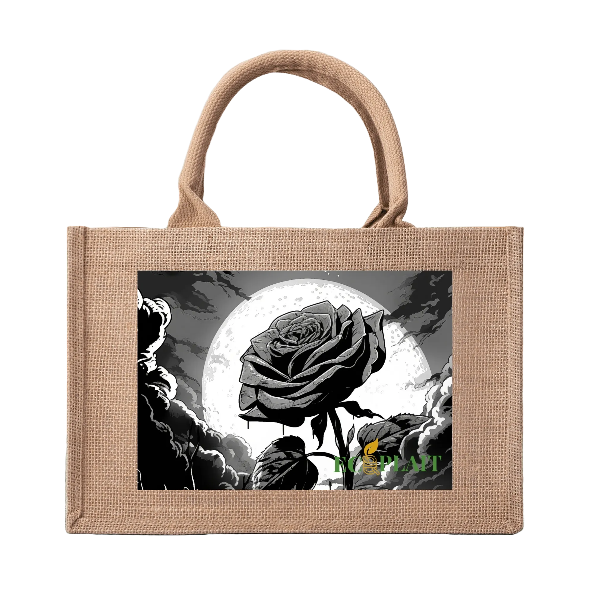 Natural Fiber Jute Tote Bag Moonlit Rose