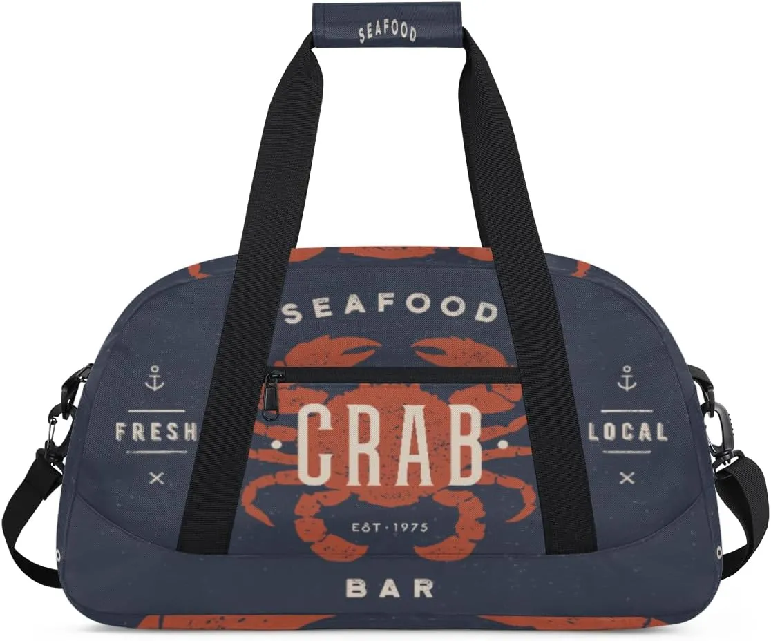 Nautical Crab Gym Duffel Bag for Men Women Hand Drawn Letters Sports Tote Bag with Adjustable Shoulder Strap for Dance Gymnastics Traveling Outdoor Camping Overnight Stay