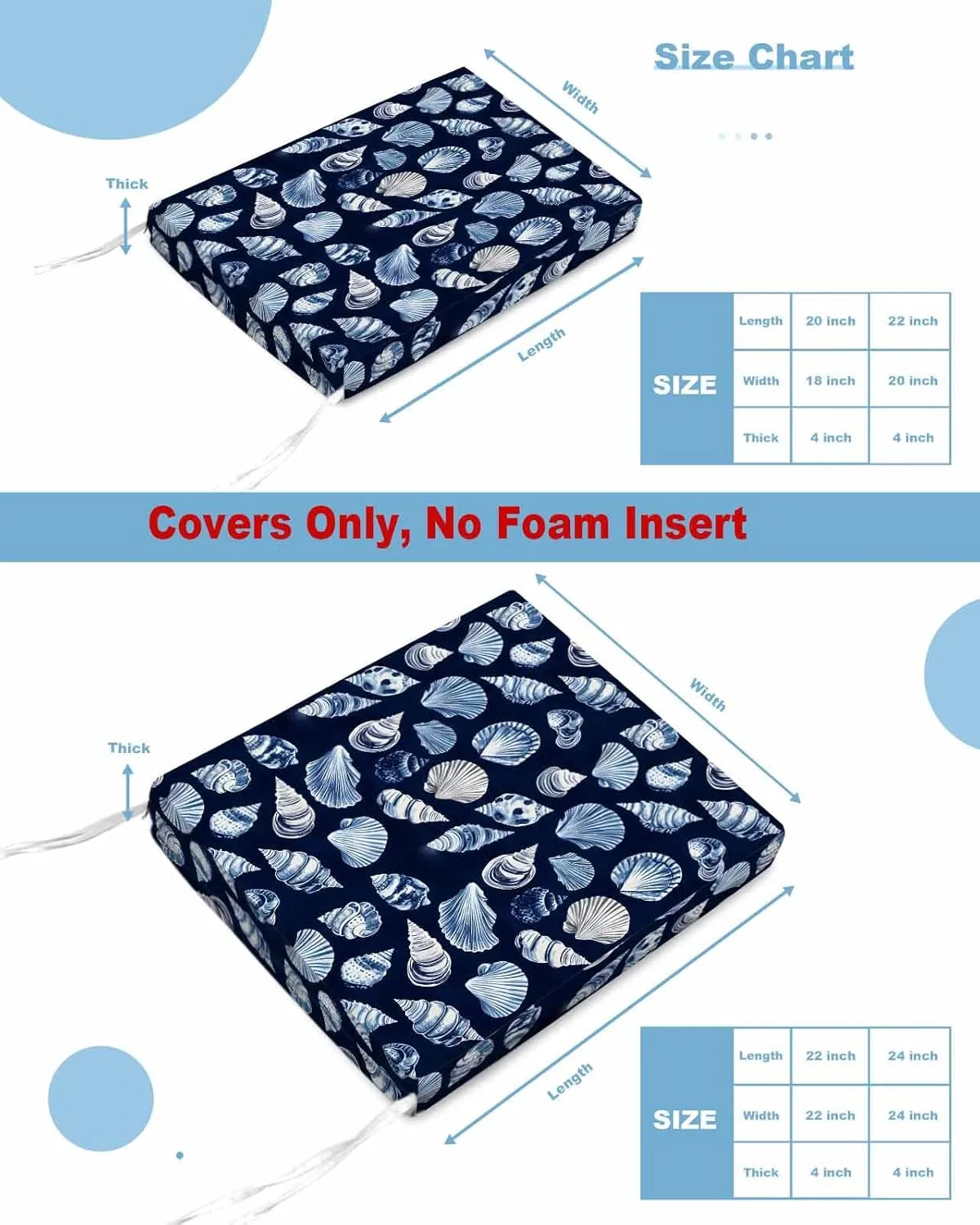 Navy Blue Coastal Outdoor Cushion Chair Cover Set of 2 - Waterproof Couch Seat Covers, Summer Beach Shell Conch Patio Furniture Protector Cushions Slipcovers for Sofa/RV, 24"x24"x4"