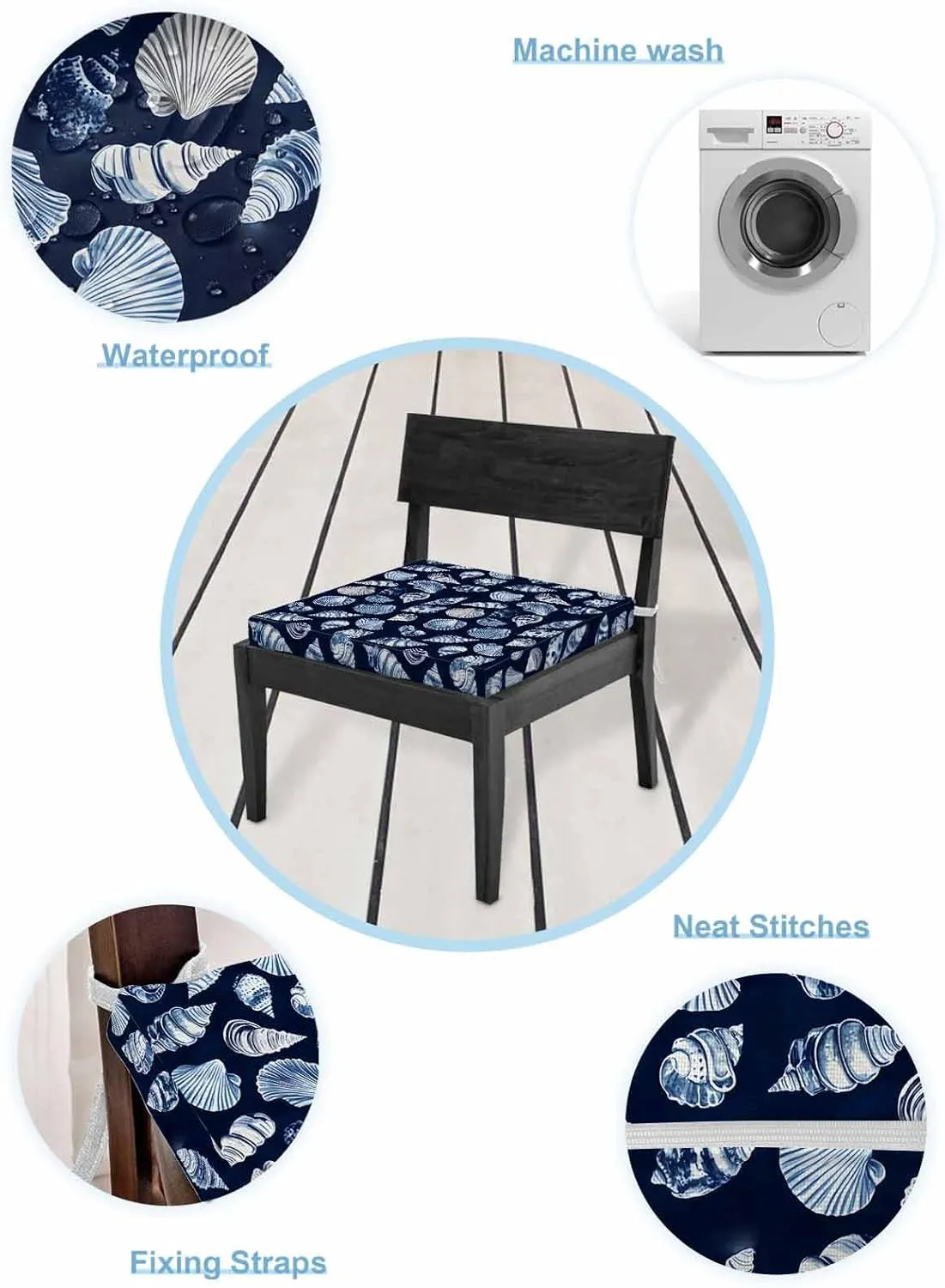 Navy Blue Coastal Outdoor Cushion Chair Cover Set of 2 - Waterproof Couch Seat Covers, Summer Beach Shell Conch Patio Furniture Protector Cushions Slipcovers for Sofa/RV, 24"x24"x4"