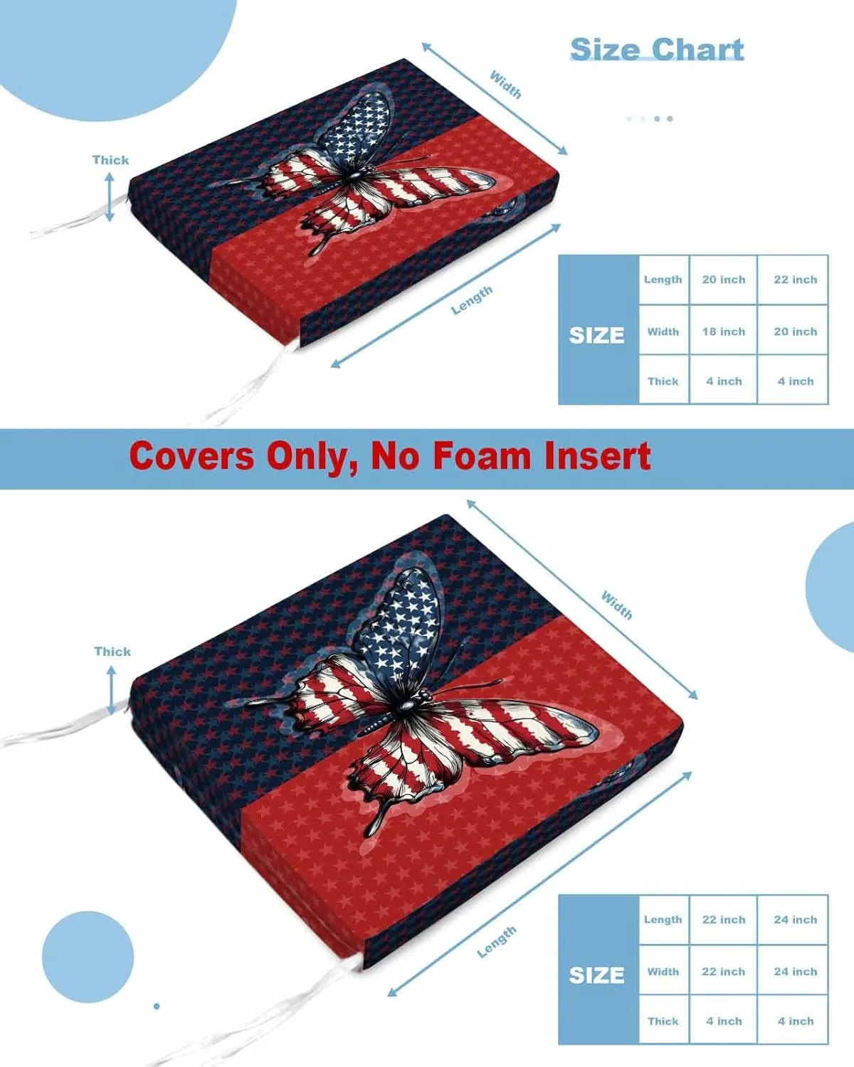 Navy Blue Red Butterfly Outdoor Cushion Chair Cover Set of 2 - Waterproof Couch Seat Covers, Stars Modern Abstract Art Patio Furniture Protector Cushions Slipcovers for Sofa/RV, 22"x20"x4"