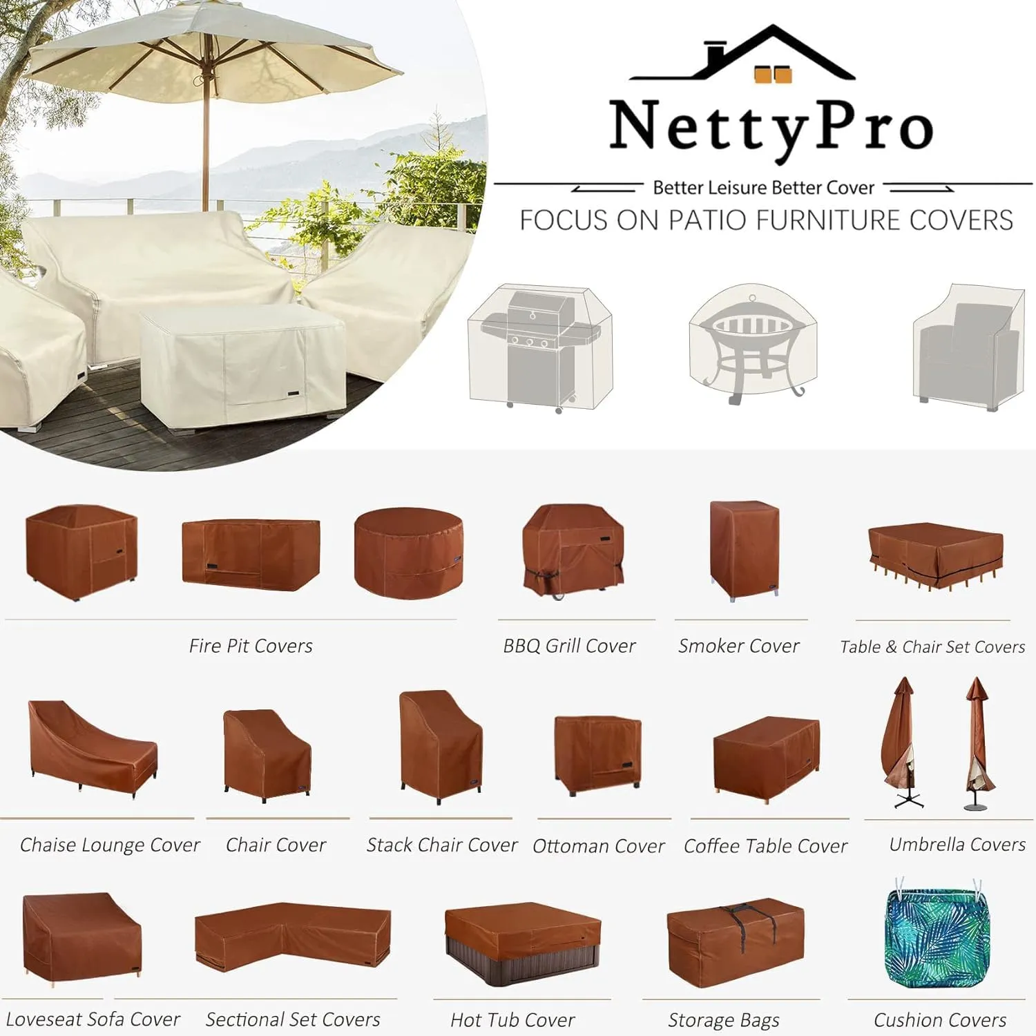 NettyPro Fire Pit Cover Rectangular 52 inch Waterproof Heavy Duty Rectangle Fire Table Cover for Outdoor Gas Propane Firepit Table, Brown