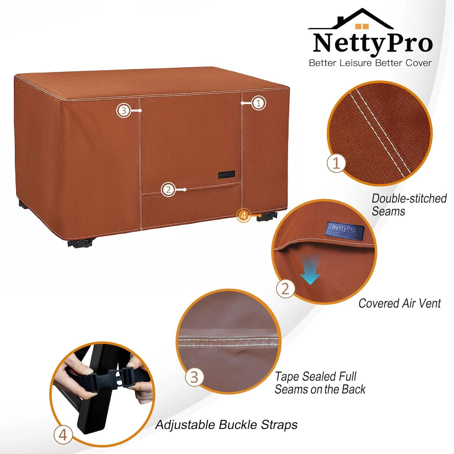 NettyPro Fire Pit Cover Rectangular 52 inch Waterproof Heavy Duty Rectangle Fire Table Cover for Outdoor Gas Propane Firepit Table, Brown