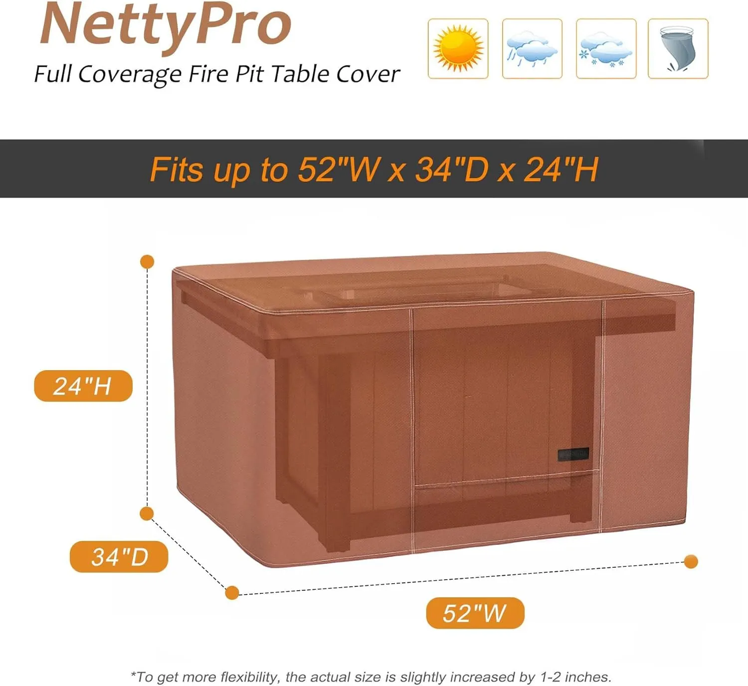 NettyPro Fire Pit Cover Rectangular 52 inch Waterproof Heavy Duty Rectangle Fire Table Cover for Outdoor Gas Propane Firepit Table, Brown