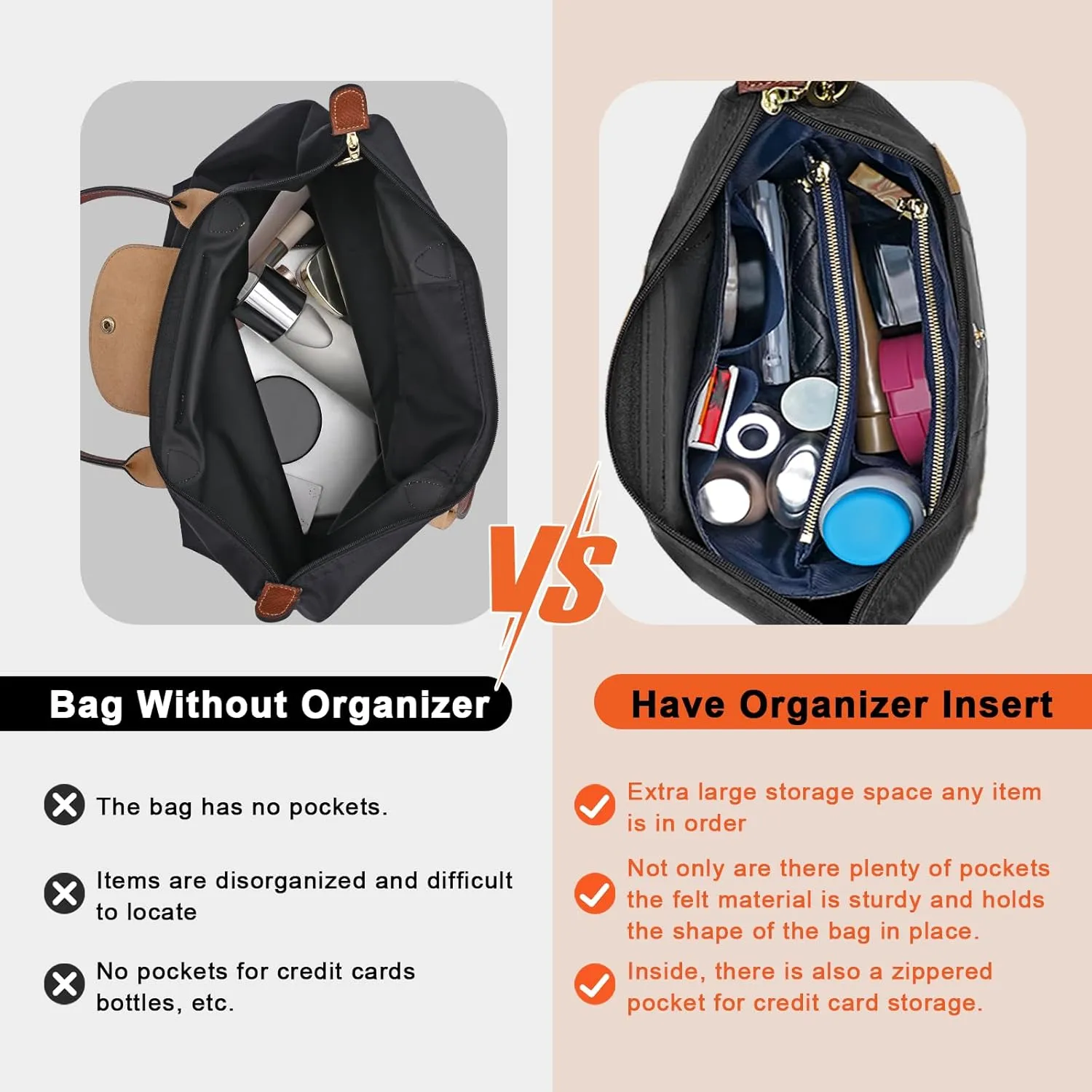 New Dupont Paper Purse Organizer Insert for Longchamp Le Pliage L Handbag Insert (Black&DarkBlue, Large)