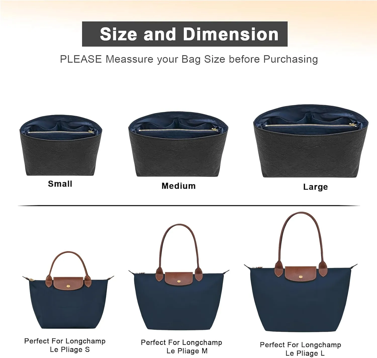 New Dupont Paper Purse Organizer Insert for Longchamp Le Pliage L Handbag Insert (Black&DarkBlue, Large)