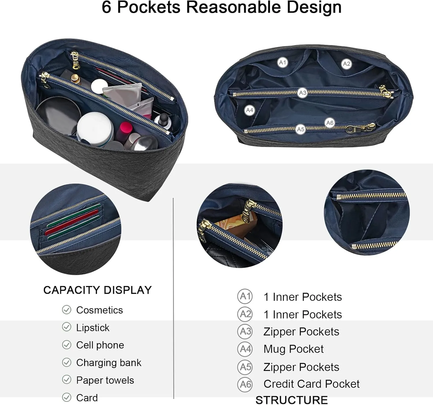 New Dupont Paper Purse Organizer Insert for Longchamp Le Pliage L Handbag Insert (Black&DarkBlue, Large)