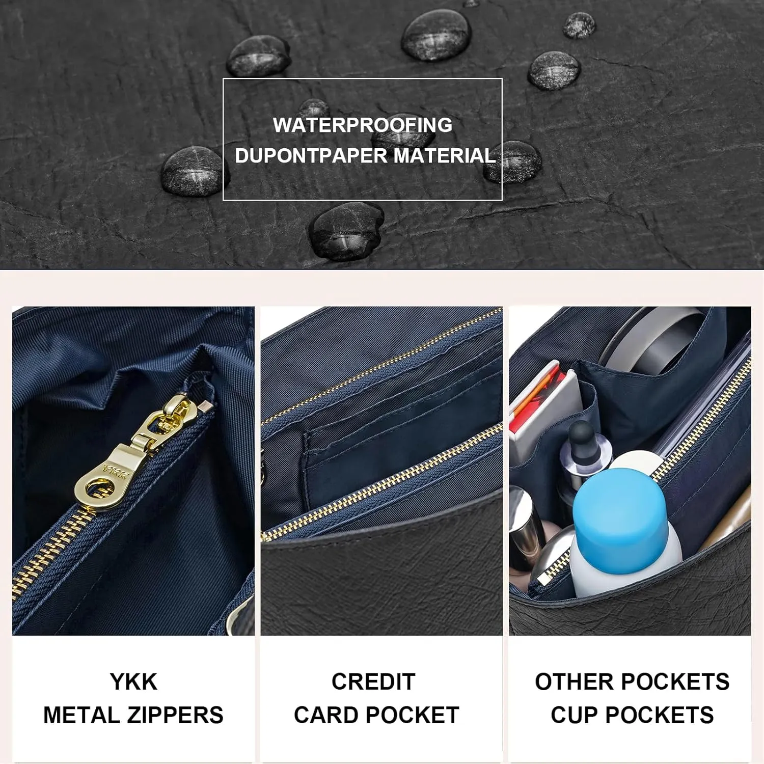 New Dupont Paper Purse Organizer Insert for Longchamp Le Pliage L Handbag Insert (Black&DarkBlue, Large)