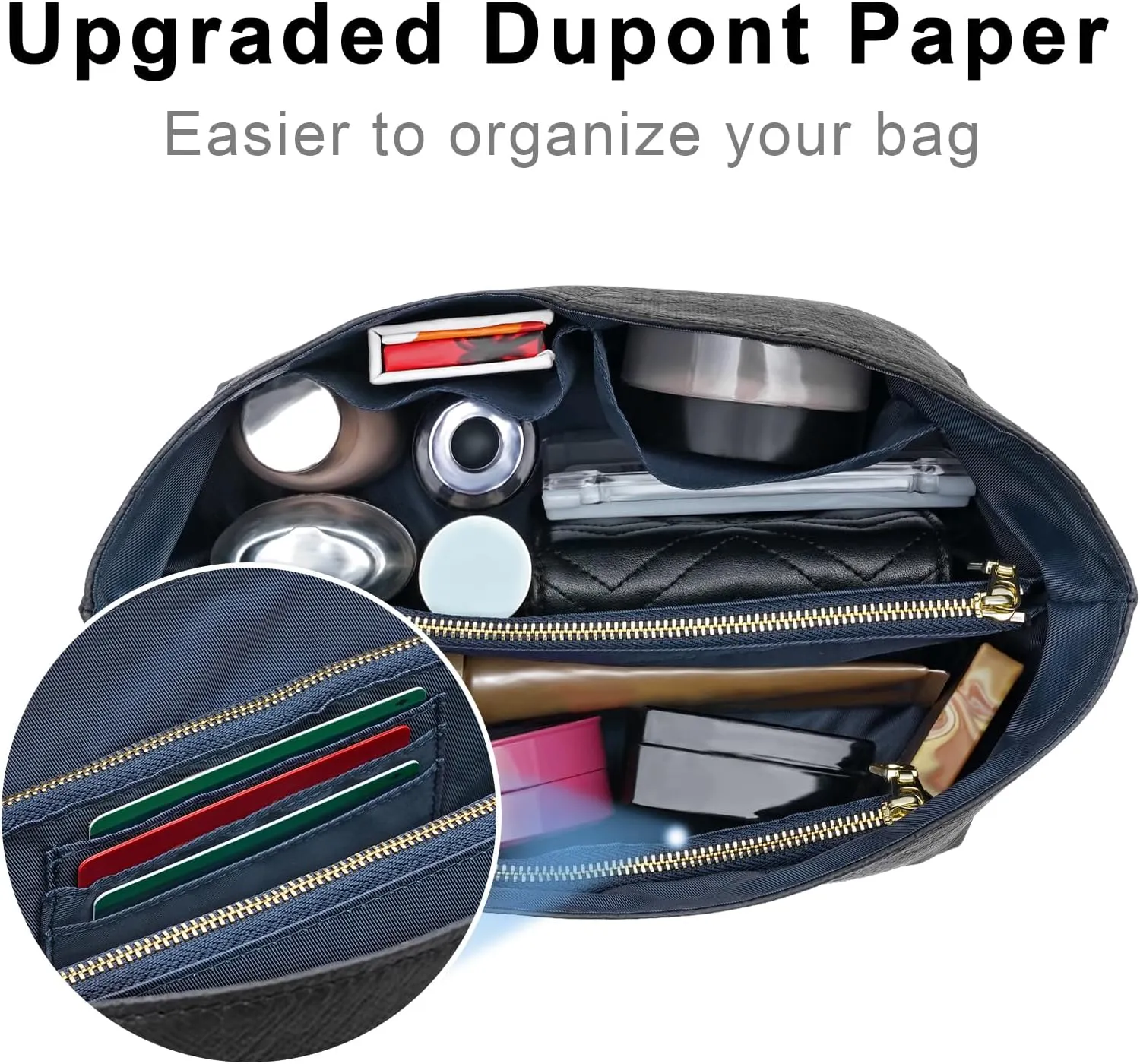 New Dupont Paper Purse Organizer Insert for Longchamp Le Pliage L Handbag Insert (Black&DarkBlue, Large)