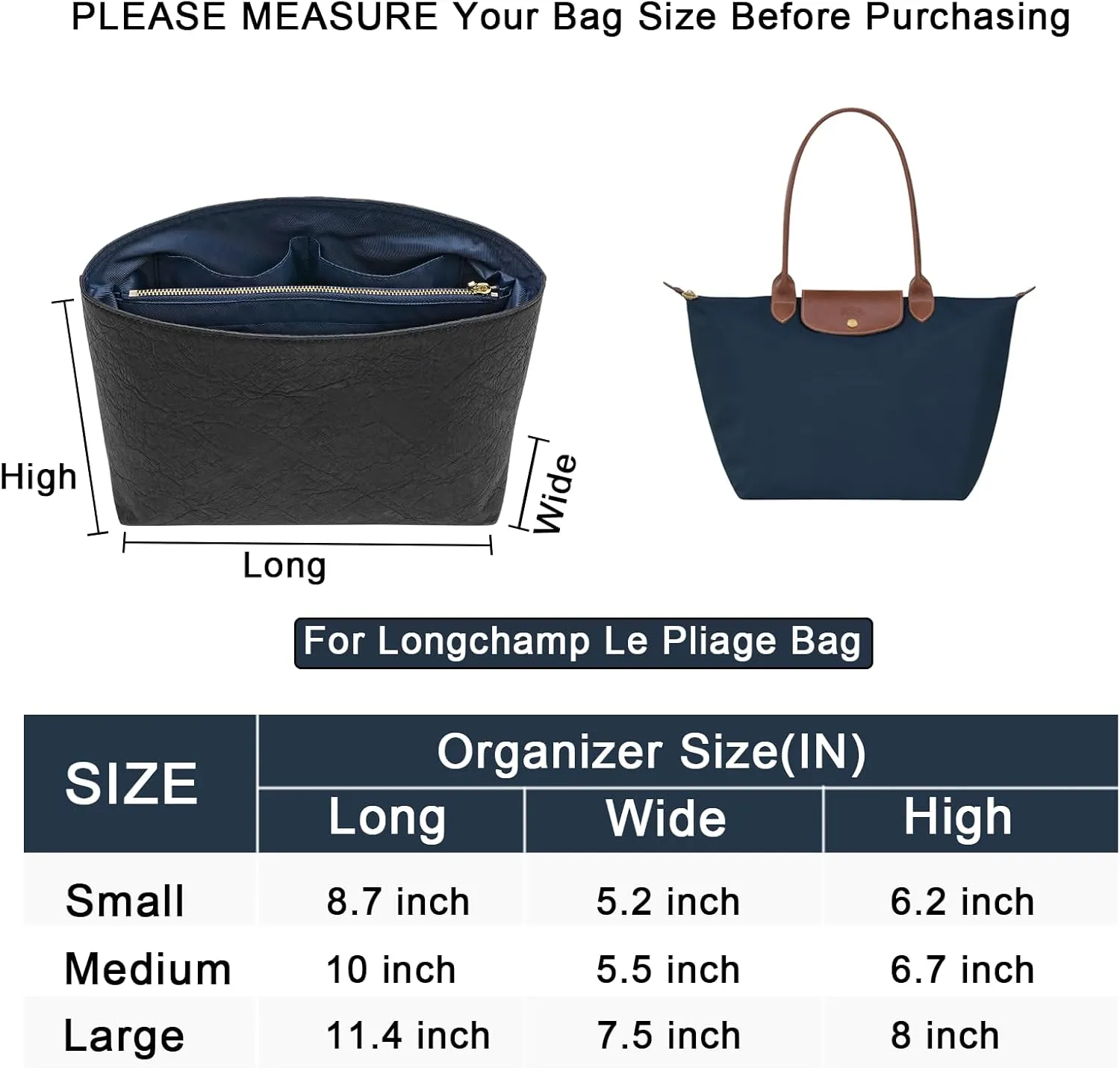 New Dupont Paper Purse Organizer Insert for Longchamp Le Pliage L Handbag Insert (Black&DarkBlue, Large)
