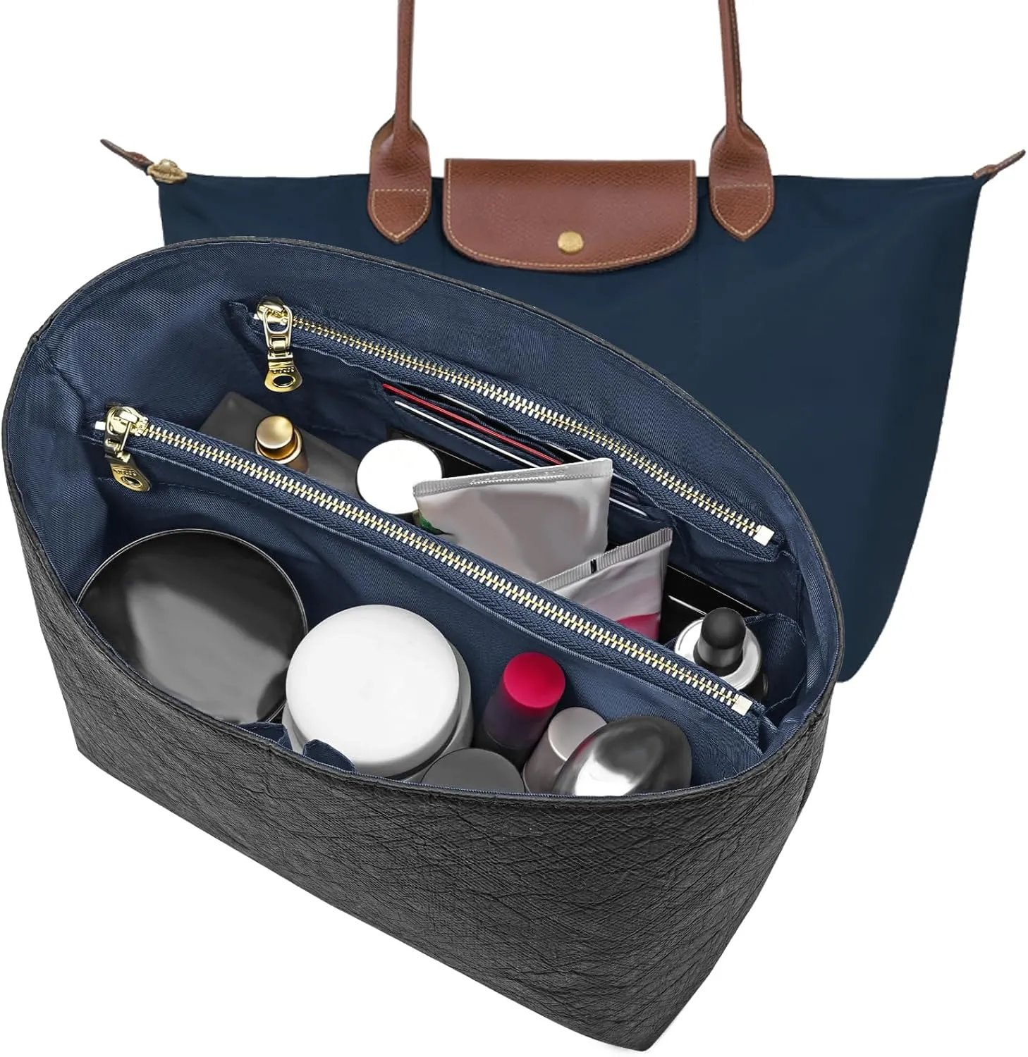 New Dupont Paper Purse Organizer Insert for Longchamp Le Pliage L Handbag Insert (Black&DarkBlue, Large)