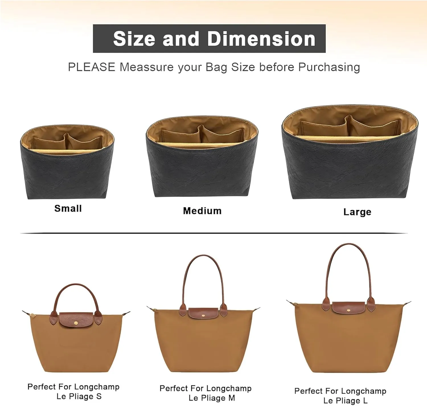 New Dupont Paper Purse Organizer Insert for Longchamp Le Pliage M Handbag Insert (Black&Brown, Medium)