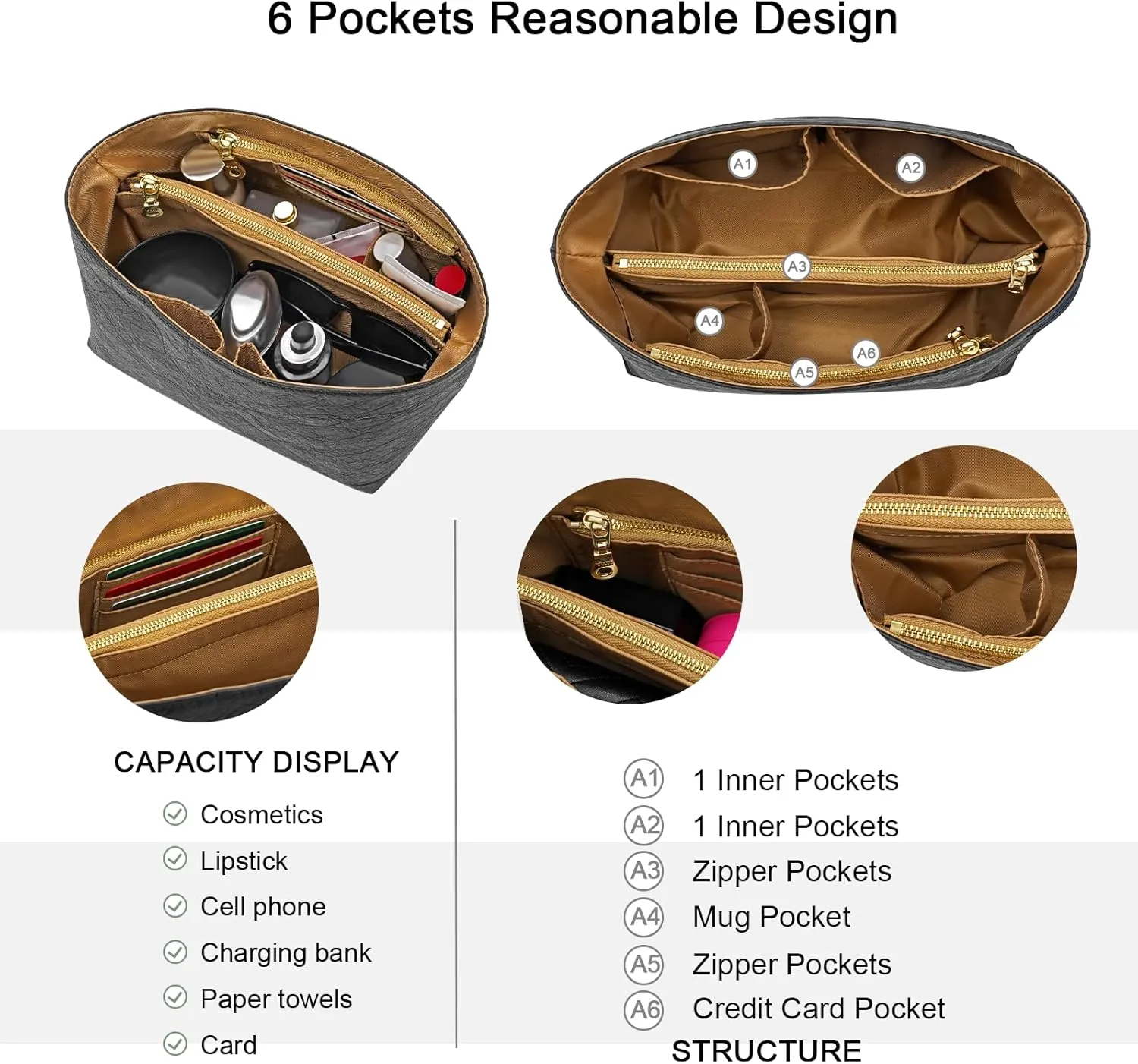 New Dupont Paper Purse Organizer Insert for Longchamp Le Pliage M Handbag Insert (Black&Brown, Medium)