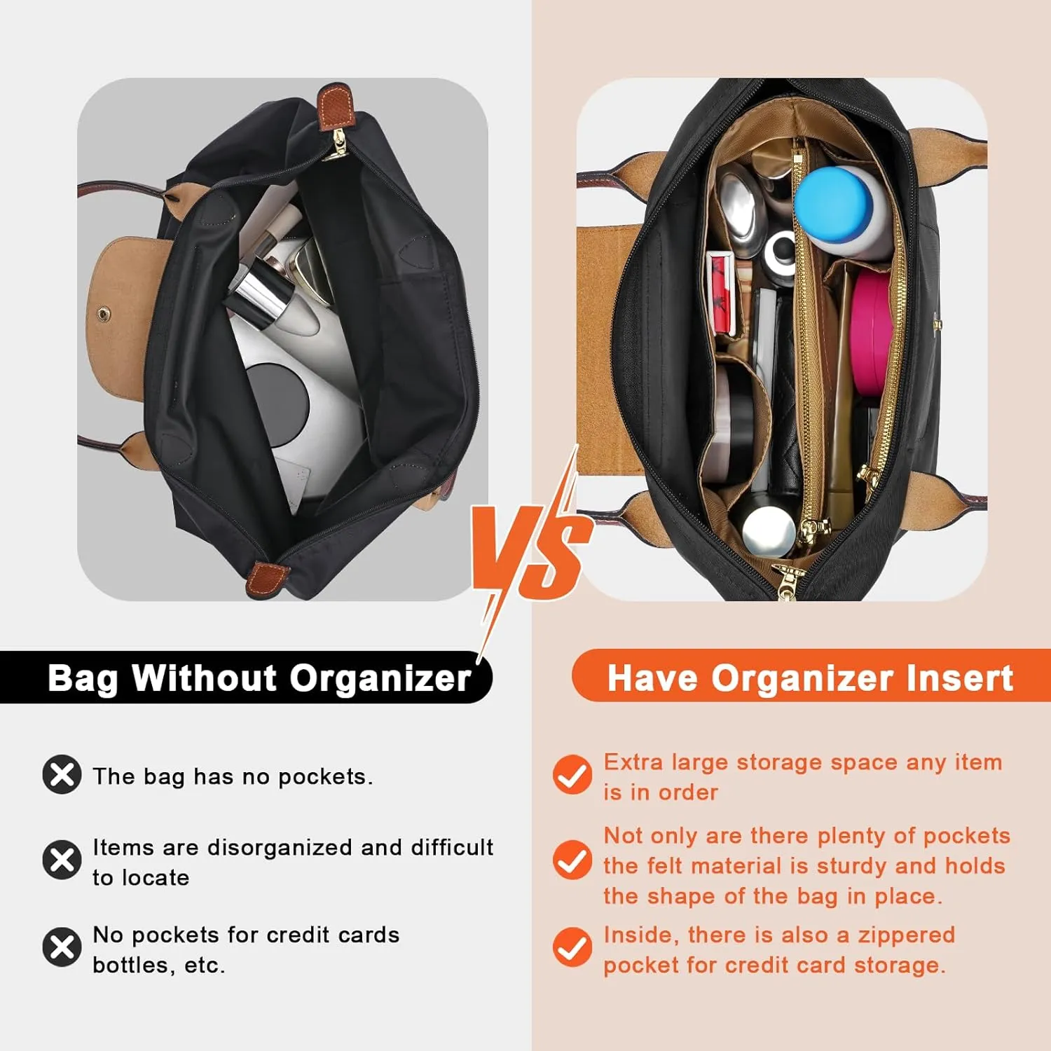 New Dupont Paper Purse Organizer Insert for Longchamp Le Pliage M Handbag Insert (Black&Brown, Medium)