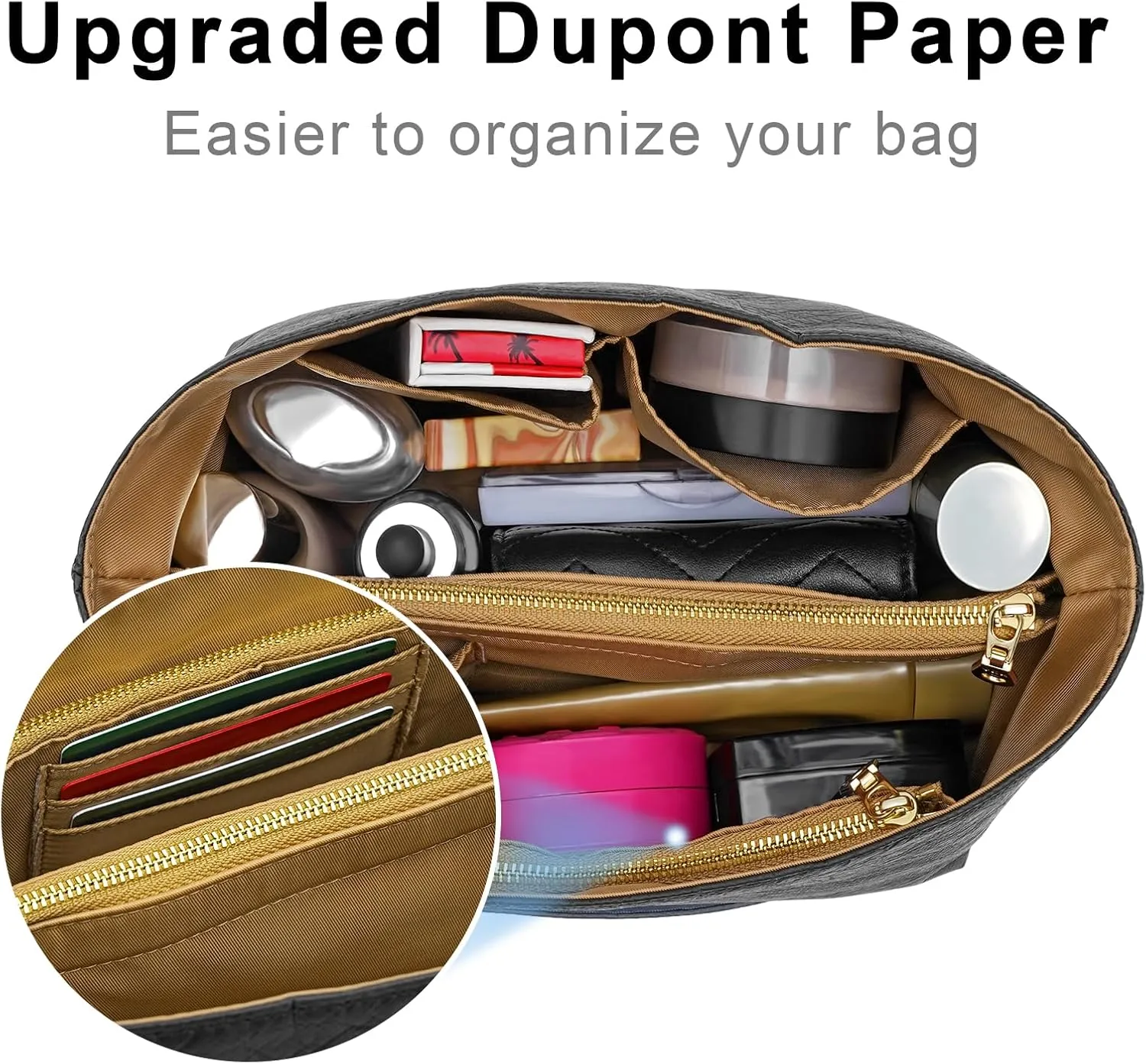 New Dupont Paper Purse Organizer Insert for Longchamp Le Pliage M Handbag Insert (Black&Brown, Medium)