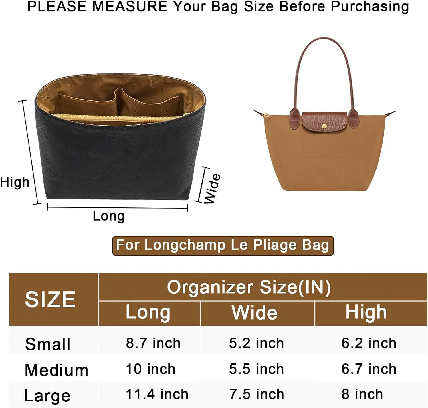 New Dupont Paper Purse Organizer Insert for Longchamp Le Pliage M Handbag Insert (Black&Brown, Medium)
