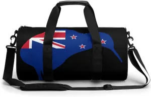 New Zealand Flag Kiwi Travel Gym Bag for Men Women Cylindrical Duffle Bag Sport Workout Bag with Shoulder Strap