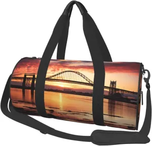 Newark Bay Bridge and Sunset Travel Duffle Bag Carry On Weekender Overnight Bag Sport Gym Bag for Women Men Foldable Travel Duffle Round Duffle Bag for Travel Sports Gym