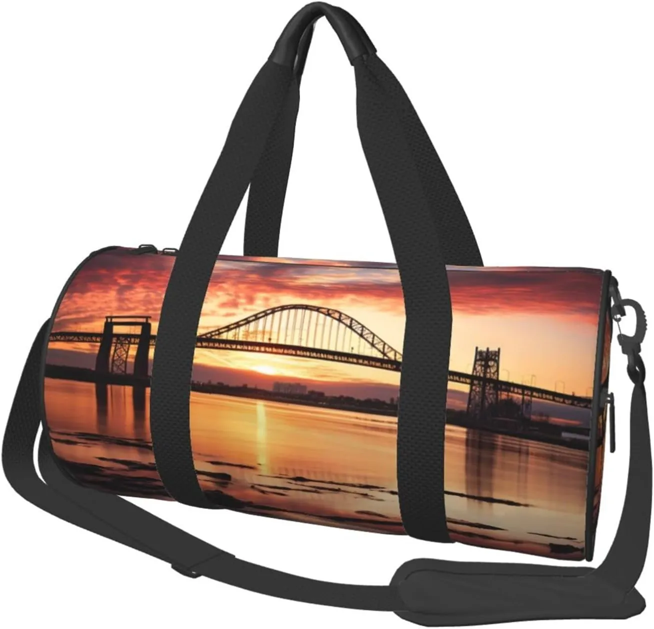Newark Bay Bridge and Sunset Travel Duffle Bag Carry On Weekender Overnight Bag Sport Gym Bag for Women Men Foldable Travel Duffle Round Duffle Bag for Travel Sports Gym