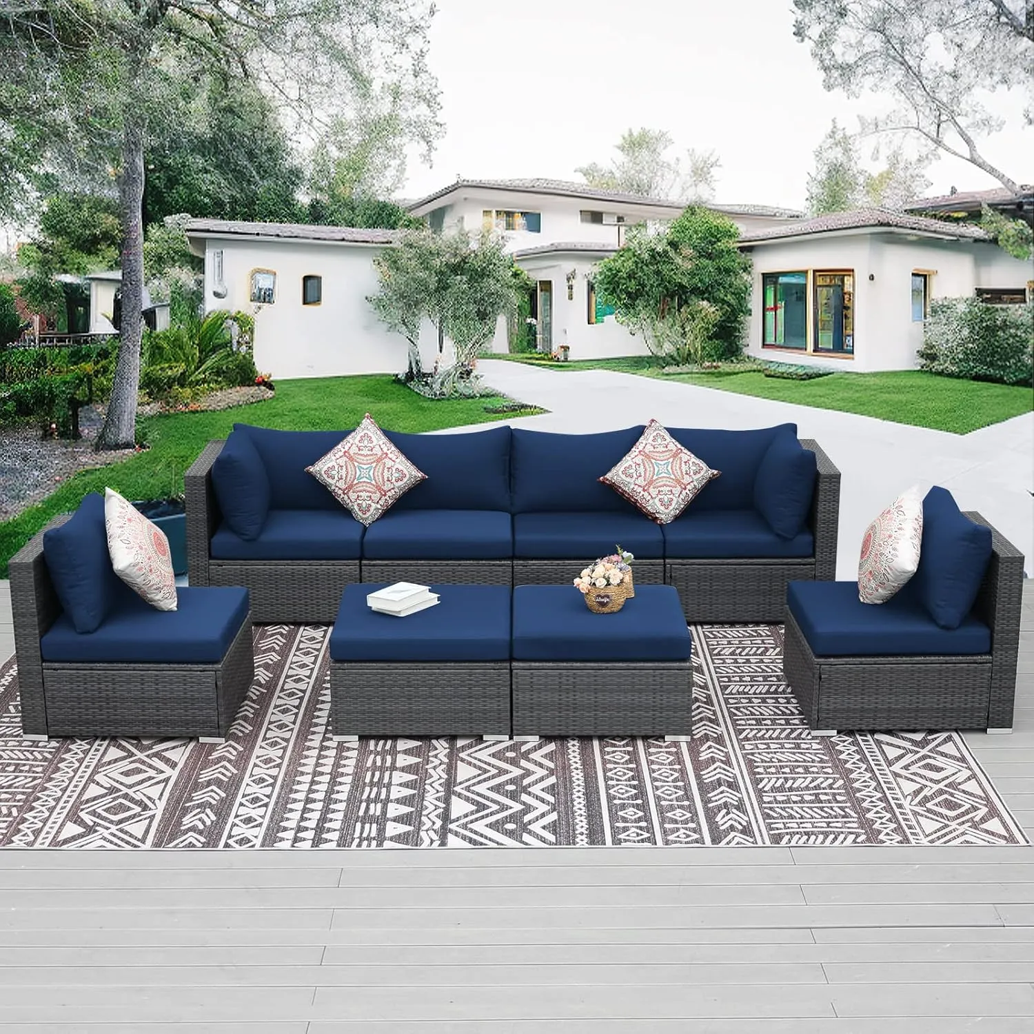 NICESOUL 10-Piece 27“x27 Outdoor Patio Cushion Covers, Olefin Fade/UV-Resistant Sectional Couch Replacement Cover with Zipper, Durable Slipcovers for Outside Exterior, Machine Washable, Navy Blue