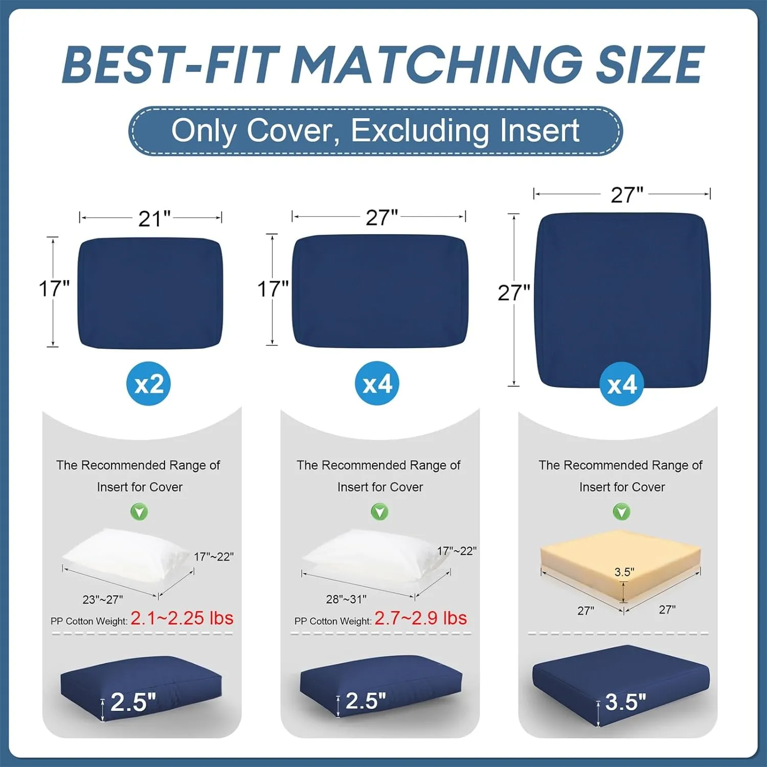 NICESOUL 10-Piece 27“x27 Outdoor Patio Cushion Covers, Olefin Fade/UV-Resistant Sectional Couch Replacement Cover with Zipper, Durable Slipcovers for Outside Exterior, Machine Washable, Navy Blue