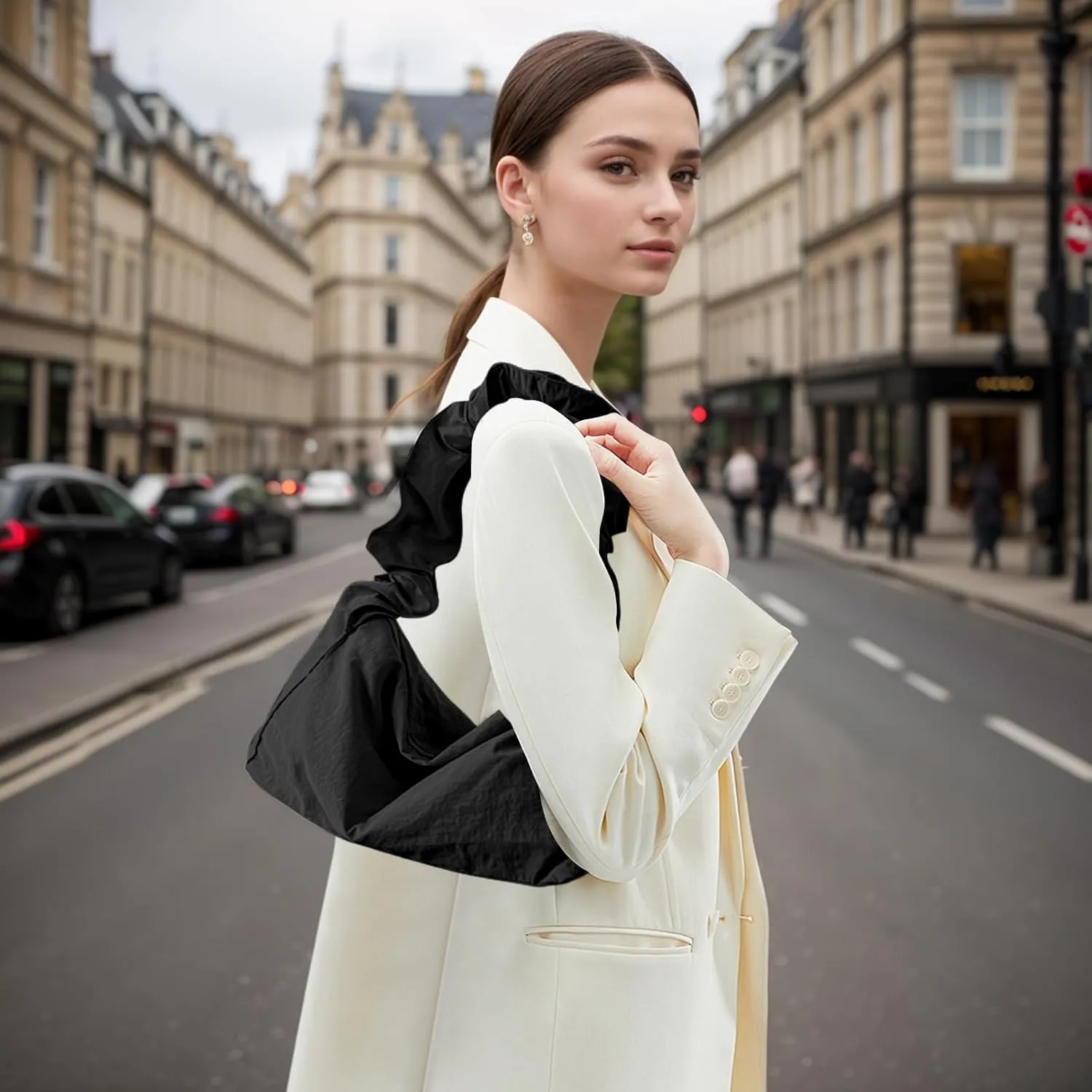 Nylon Crescent Shoulder Bag - Adjustable Strap, Black Handbag Small Purse, Casual Tote Bag for Women, Quilted Half Moon Bag