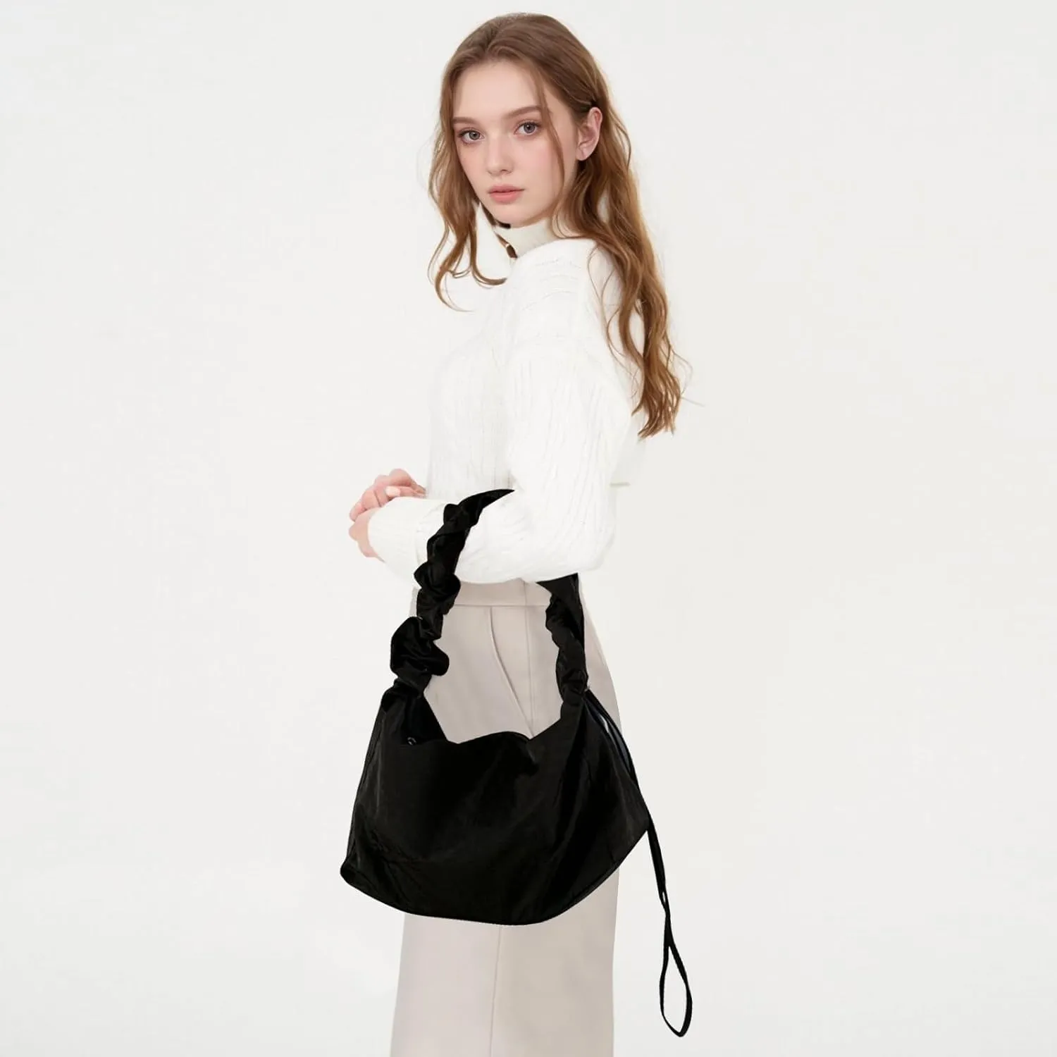 Nylon Crescent Shoulder Bag - Adjustable Strap, Black Handbag Small Purse, Casual Tote Bag for Women, Quilted Half Moon Bag