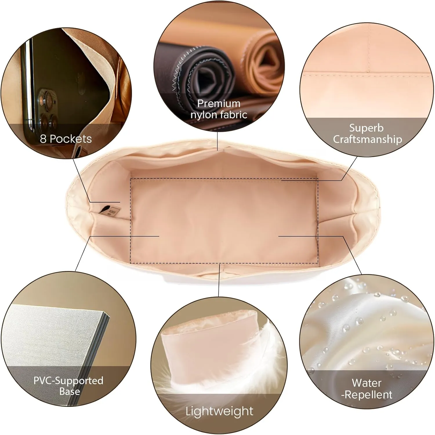 Nylon Water-Repellent Purse Organizer with Base Shaper for Dior Book Tote Handbag (Beige, Small)