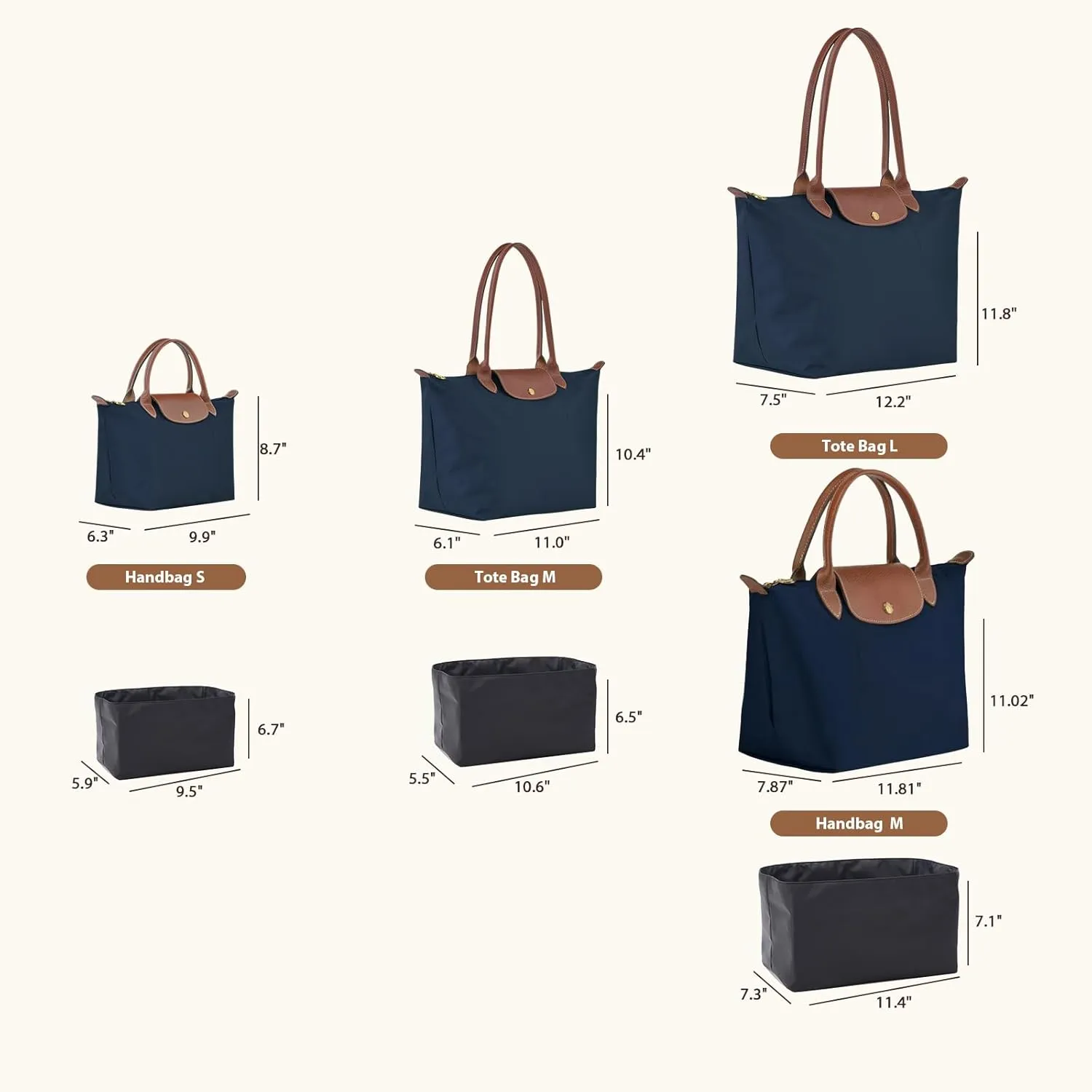 Nylon Water-Repellent Purse Organizer with Zipper Insert for Longchamp Tote Bag (Black, Handbag S)