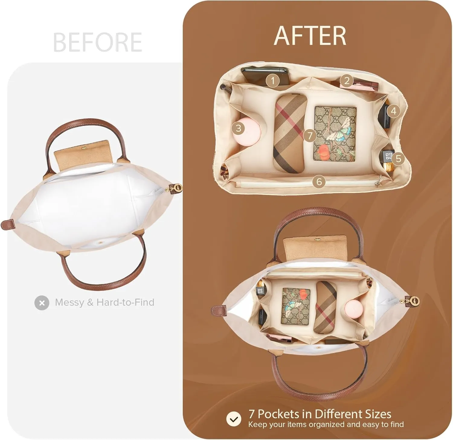 Nylon Water-Repellent Purse Organizer with Zipper Insert for Longchamp Tote Bag (Pearl White, Handbag M & Tote bag L)