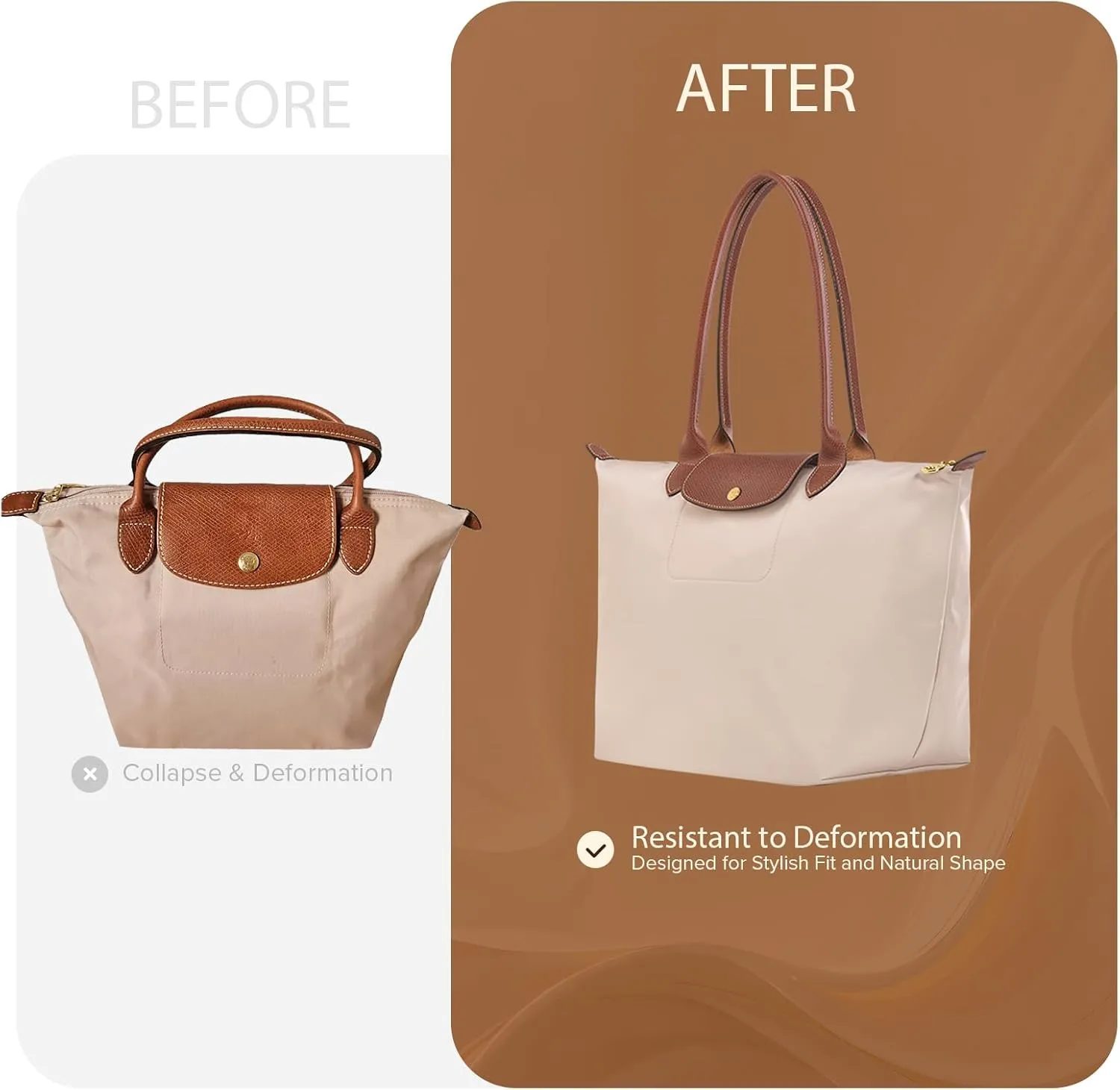 Nylon Water-Repellent Purse Organizer with Zipper Insert for Longchamp Tote Bag (Pearl White, Handbag M & Tote bag L)