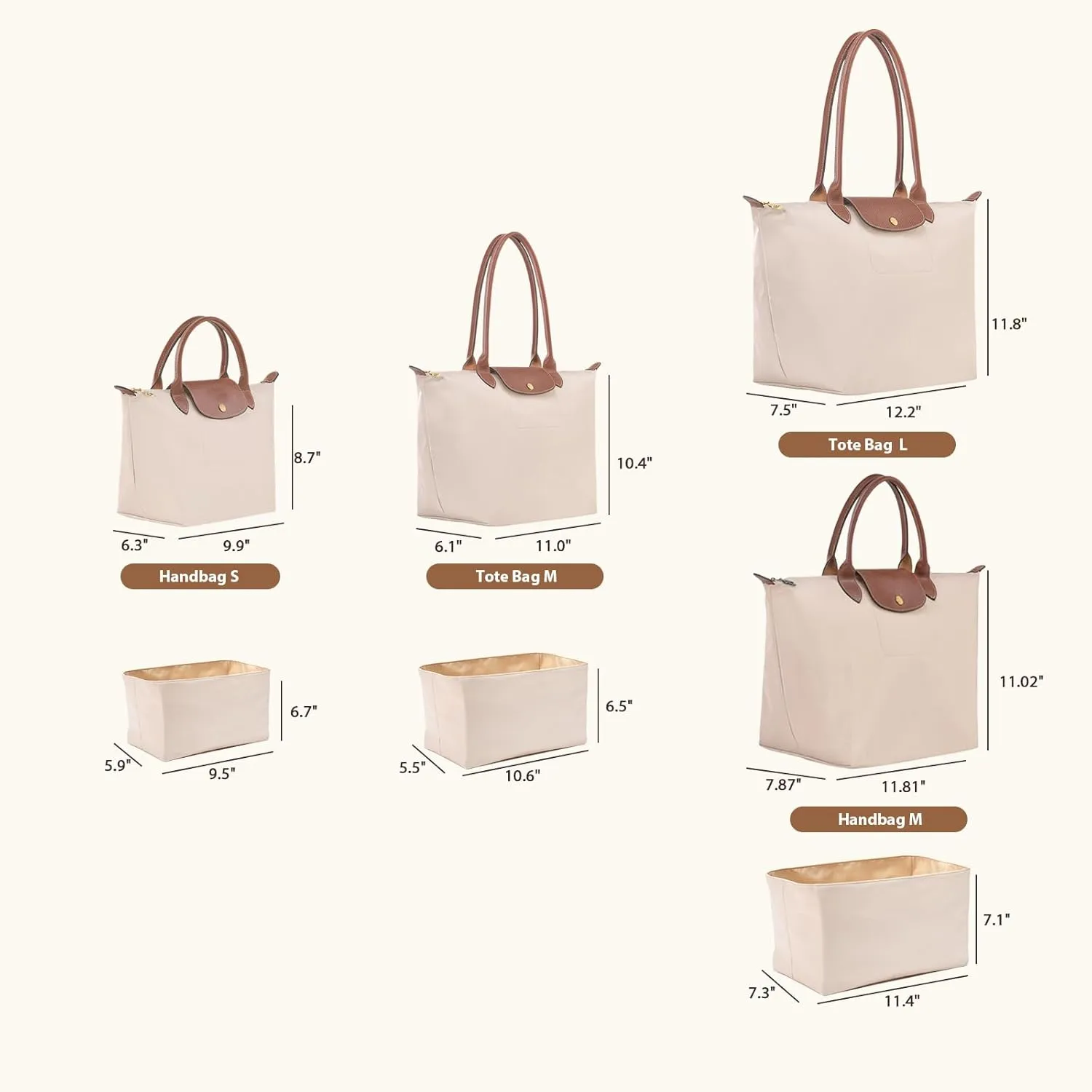Nylon Water-Repellent Purse Organizer with Zipper Insert for Longchamp Tote Bag (Pearl White, Handbag M & Tote bag L)