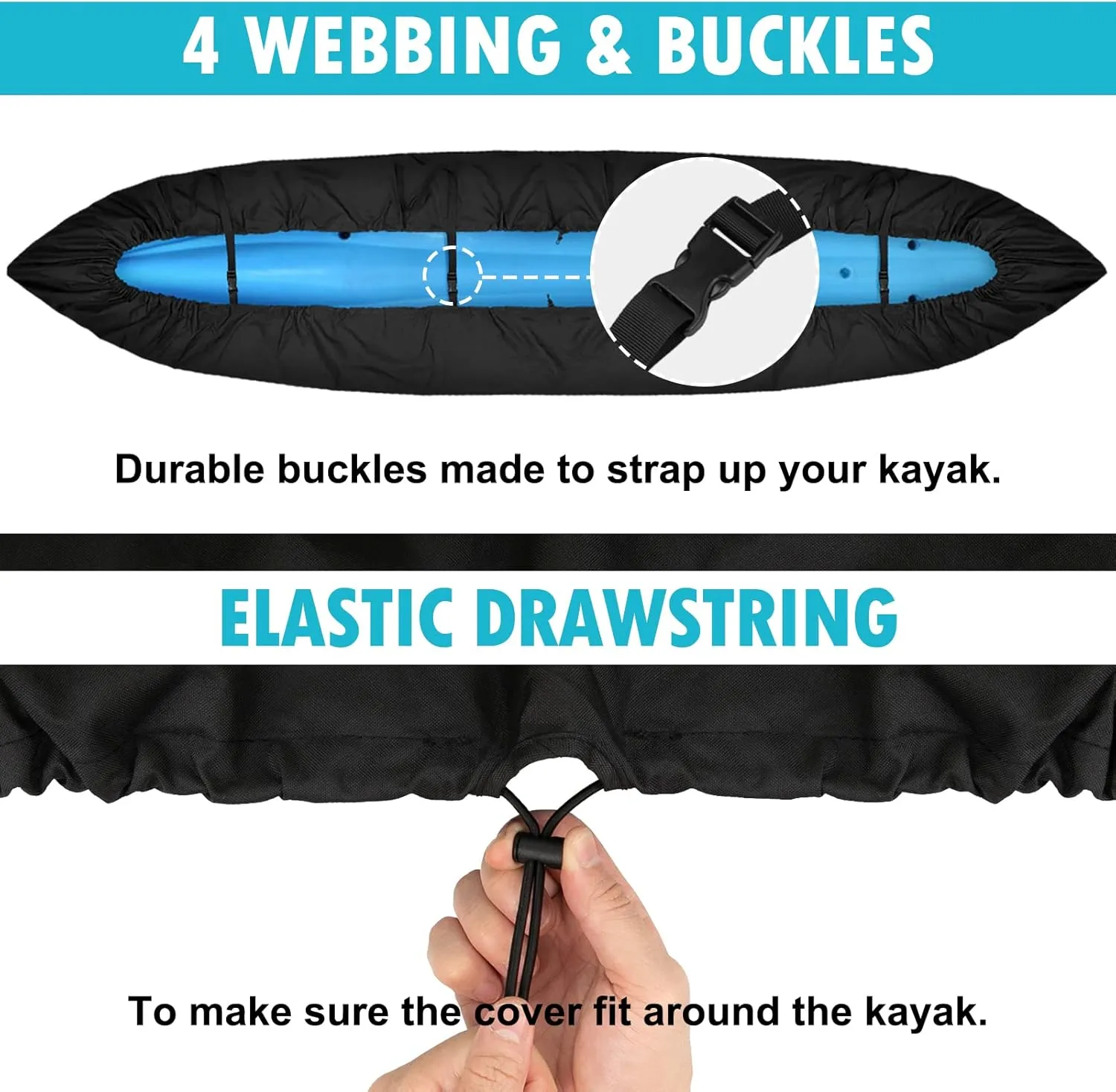 Obcursco 600D Kayak Cover Waterproof, 9.3-16.5FT Thickened UV-Proof, Tear and Fade Resistant Canoe Cover, Kayak Covers for Outdoor and Indoor Storage, Perfect as Kayak Accessories for SUP Paddle Board
