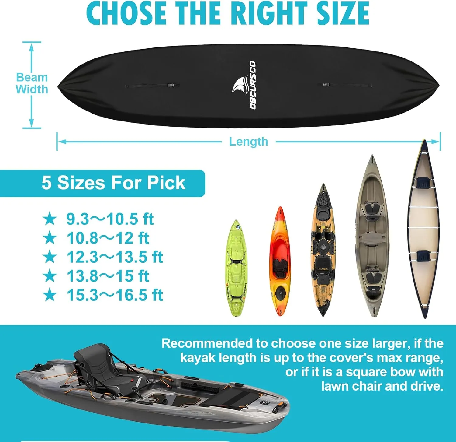 Obcursco 600D Kayak Cover Waterproof, 9.3-16.5FT Thickened UV-Proof, Tear and Fade Resistant Canoe Cover, Kayak Covers for Outdoor and Indoor Storage, Perfect as Kayak Accessories for SUP Paddle Board