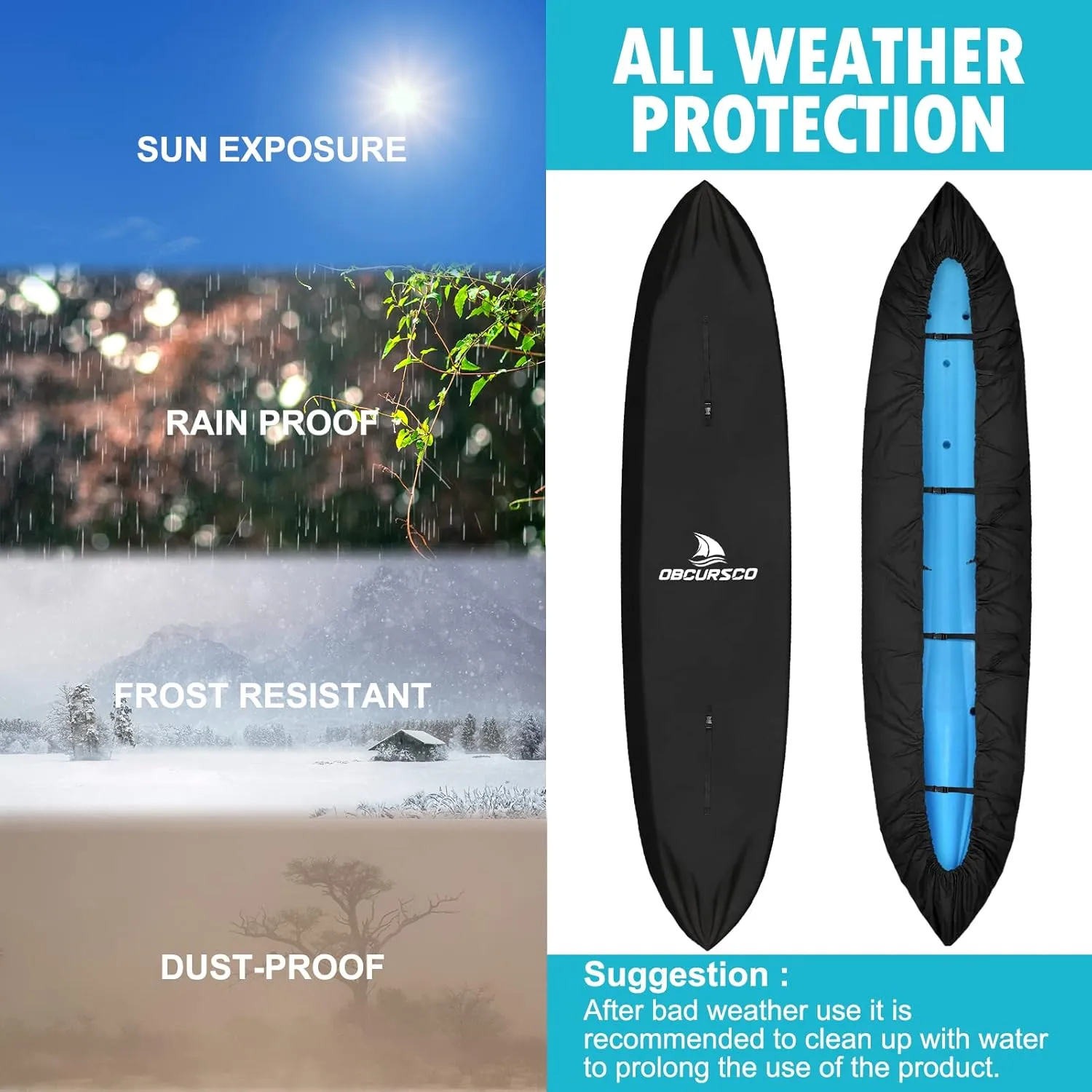 Obcursco 600D Kayak Cover Waterproof, 9.3-16.5FT Thickened UV-Proof, Tear and Fade Resistant Canoe Cover, Kayak Covers for Outdoor and Indoor Storage, Perfect as Kayak Accessories for SUP Paddle Board