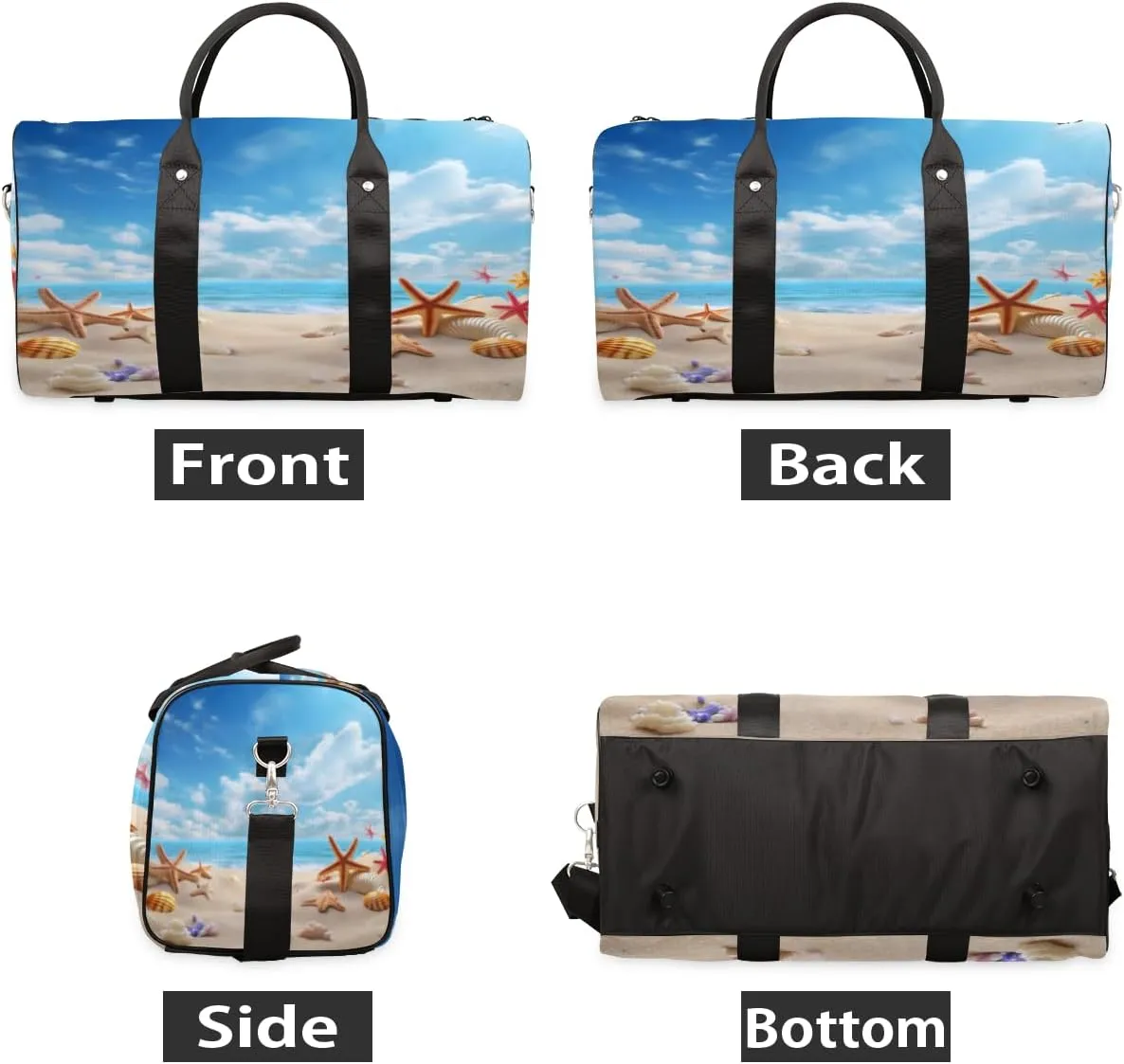 Ocean Beach Seashell Starfish Travel Duffle Bag, Sports Gym Bags for Women Men, Carry On Weekender Overnight Bag, Nautical Coastal Workout Hospital Airplane Trips Bag