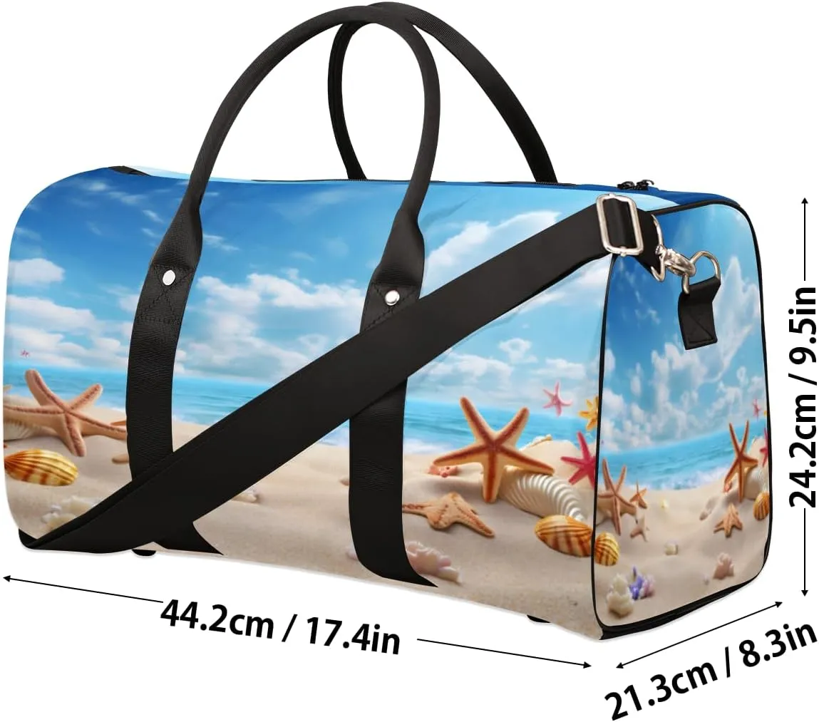 Ocean Beach Seashell Starfish Travel Duffle Bag, Sports Gym Bags for Women Men, Carry On Weekender Overnight Bag, Nautical Coastal Workout Hospital Airplane Trips Bag