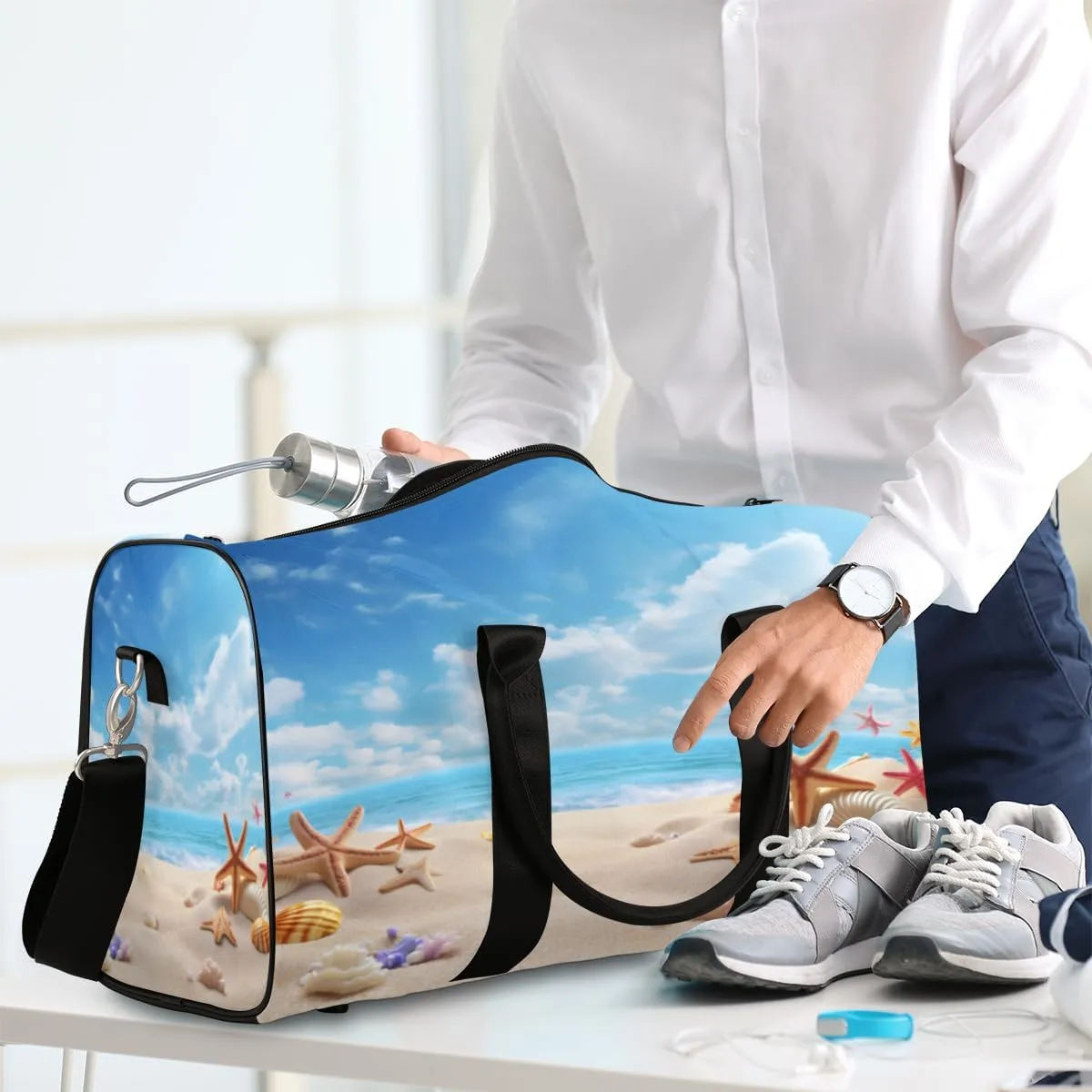 Ocean Beach Seashell Starfish Travel Duffle Bag, Sports Gym Bags for Women Men, Carry On Weekender Overnight Bag, Nautical Coastal Workout Hospital Airplane Trips Bag