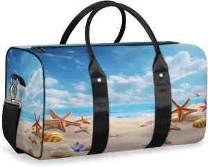 Ocean Beach Seashell Starfish Travel Duffle Bag, Sports Gym Bags for Women Men, Carry On Weekender Overnight Bag, Nautical Coastal Workout Hospital Airplane Trips Bag