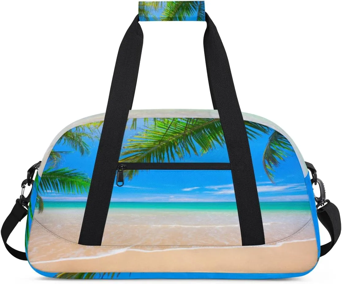 Ocean Beaches Gym Duffel Bag for Men Women Palm Leaves Sports Tote Bag with Adjustable Shoulder Strap for Dance Gymnastics Traveling Outdoor Camping Overnight Stay