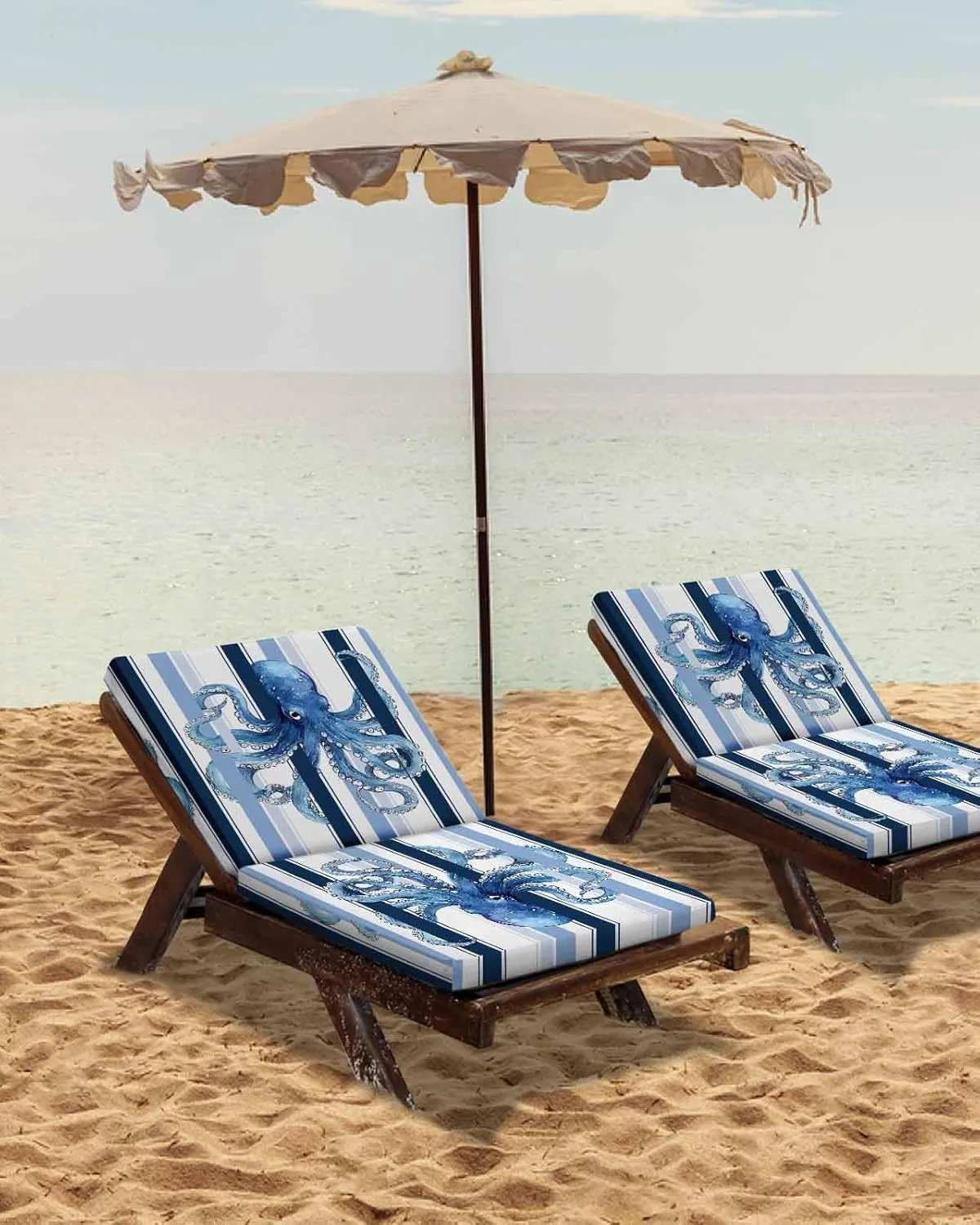 Ocean Octopus Outdoor Cushion Chair Cover Set of 2 - Waterproof Couch Seat Covers, Watercolor Navy Blue Aqua Stripe Modern Patio Furniture Protector Cushions Slipcovers for Sofa/RV, 24"x24"x4"