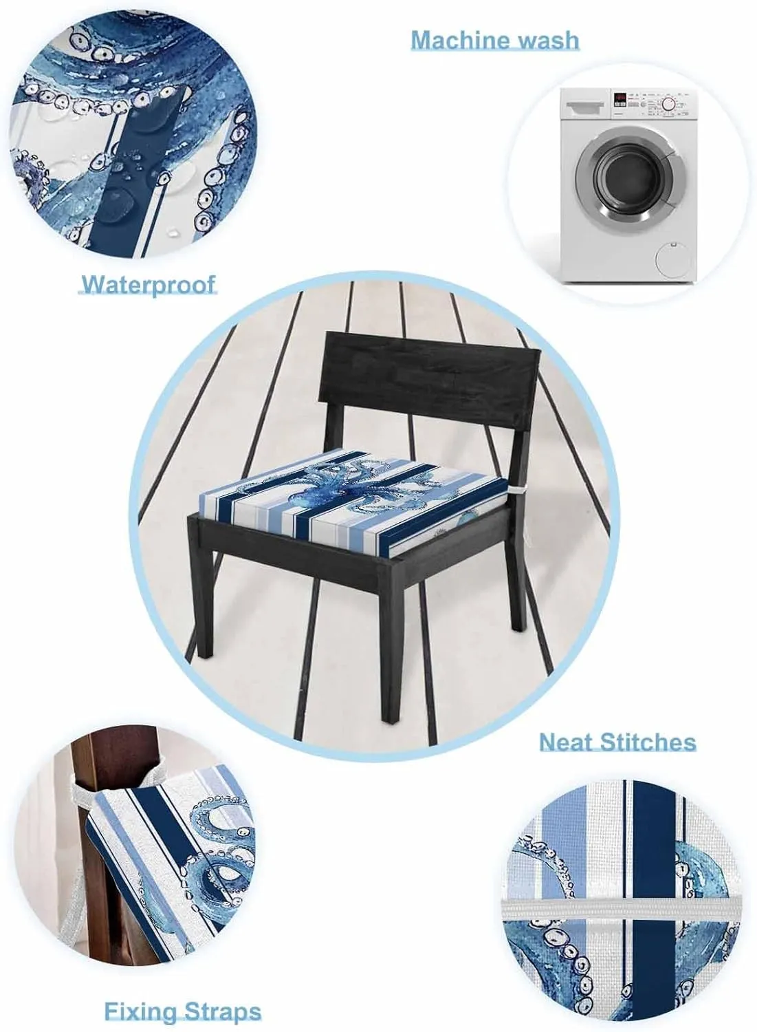 Ocean Octopus Outdoor Cushion Chair Cover Set of 2 - Waterproof Couch Seat Covers, Watercolor Navy Blue Aqua Stripe Modern Patio Furniture Protector Cushions Slipcovers for Sofa/RV, 24"x24"x4"