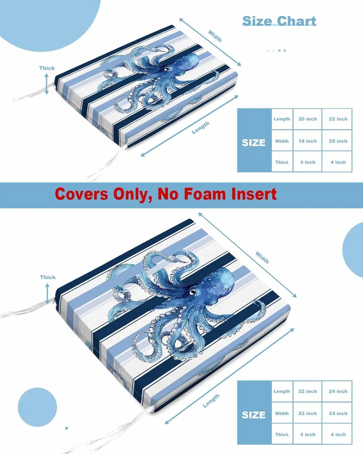 Ocean Octopus Outdoor Cushion Chair Cover Set of 2 - Waterproof Couch Seat Covers, Watercolor Navy Blue Aqua Stripe Modern Patio Furniture Protector Cushions Slipcovers for Sofa/RV, 24"x24"x4"