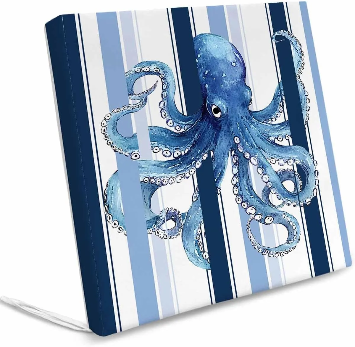Ocean Octopus Outdoor Cushion Chair Cover Set of 2 - Waterproof Couch Seat Covers, Watercolor Navy Blue Aqua Stripe Modern Patio Furniture Protector Cushions Slipcovers for Sofa/RV, 24"x24"x4"