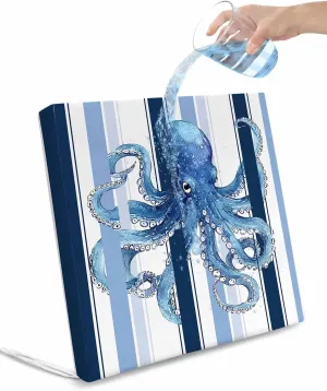 Ocean Octopus Outdoor Cushion Chair Cover Set of 2 - Waterproof Couch Seat Covers, Watercolor Navy Blue Aqua Stripe Modern Patio Furniture Protector Cushions Slipcovers for Sofa/RV, 24"x24"x4"