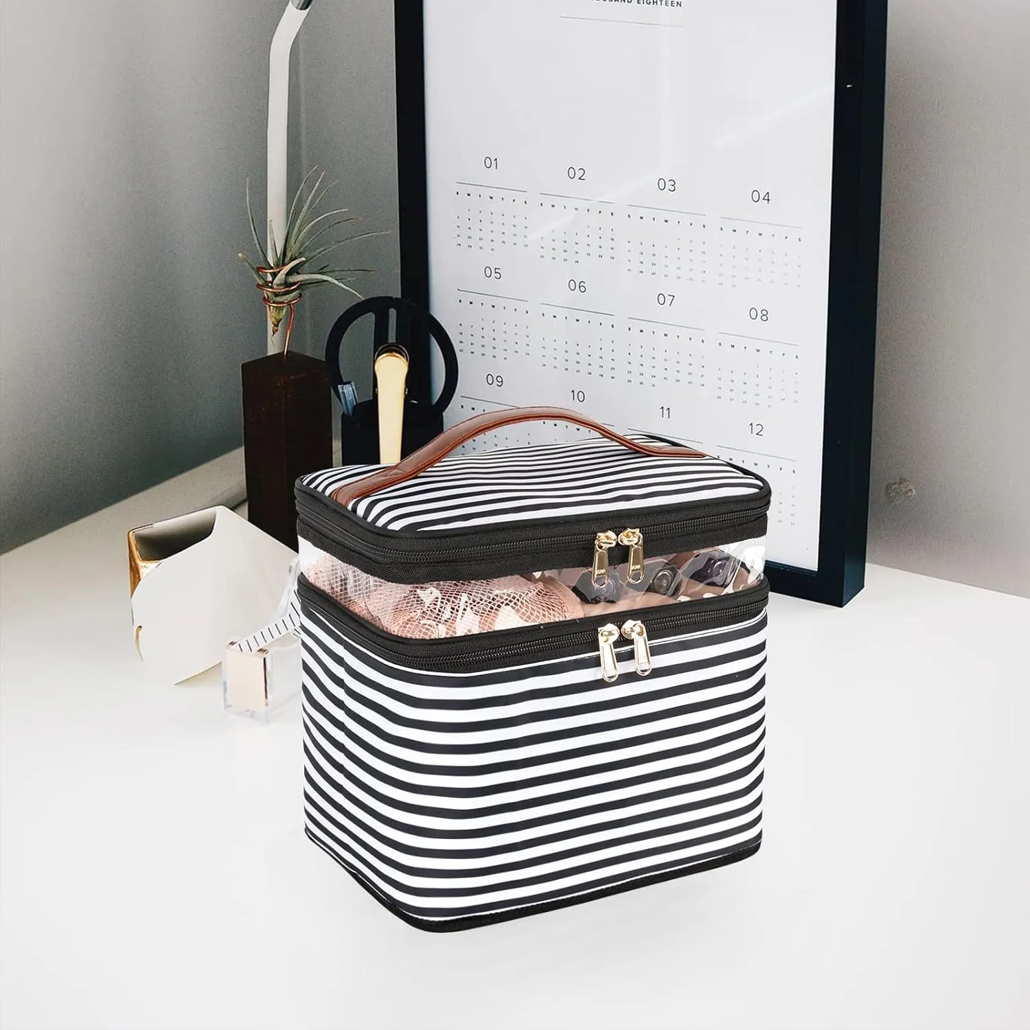 OCHEAL Large Makeup Bag, Double Layer Makeup Bag, Vertical Storage Cosmetic Case for Women/Girls with Multiple Compartments-Black and White Stripes