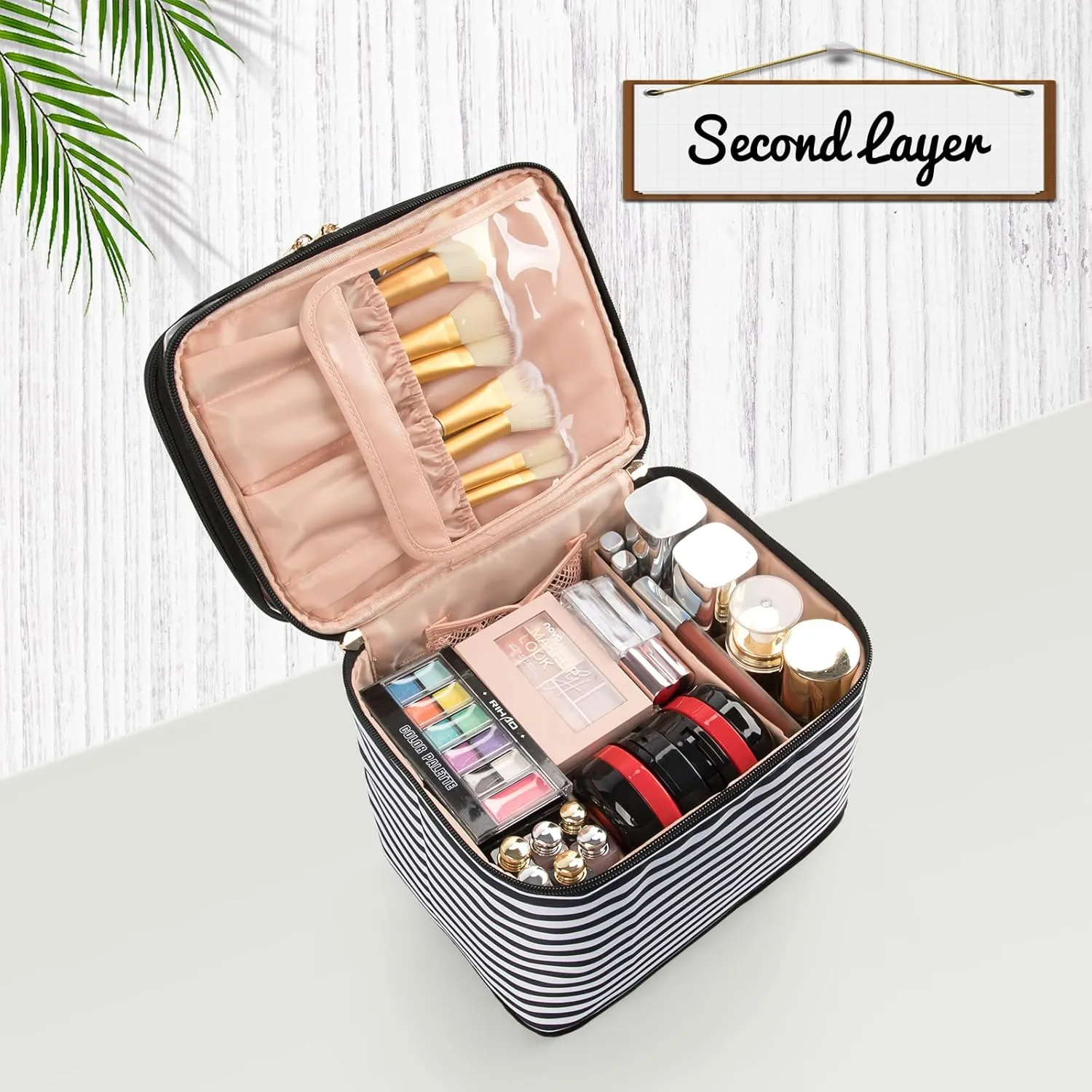 OCHEAL Large Makeup Bag, Double Layer Makeup Bag, Vertical Storage Cosmetic Case for Women/Girls with Multiple Compartments-Black and White Stripes